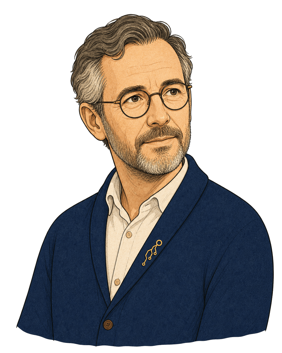 Illustrated portrait of Folke Källström, the AI historian