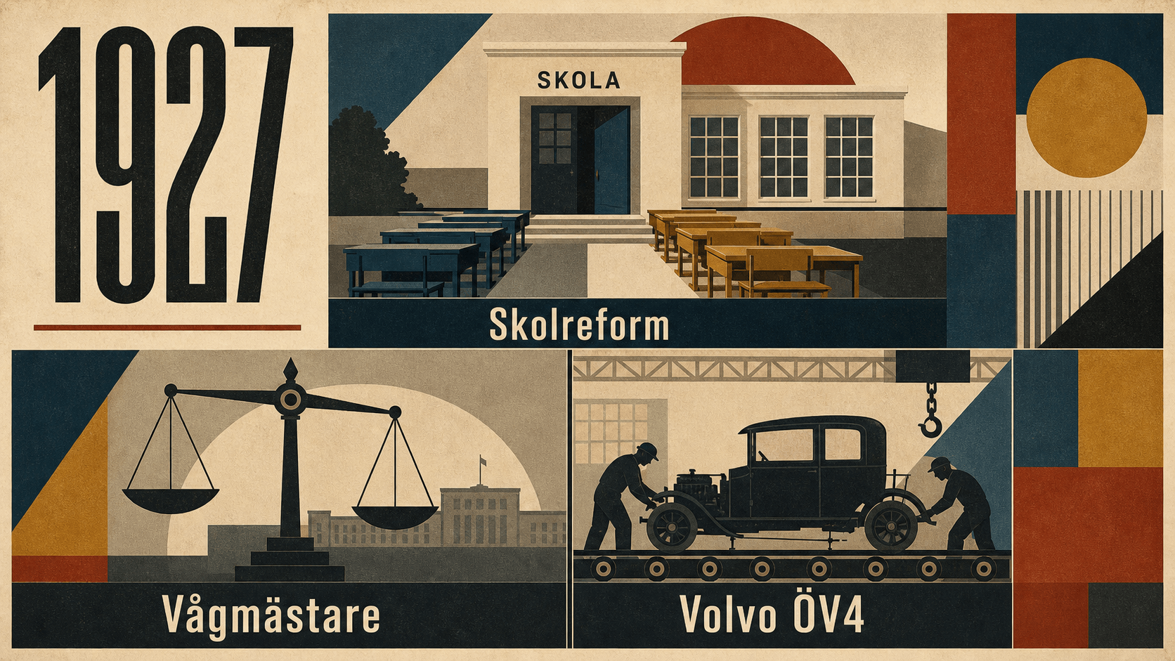 Infografik för Sverige 1927 som sammanfattar Skolreform, Vågmästare, Volvo ÖV4.
