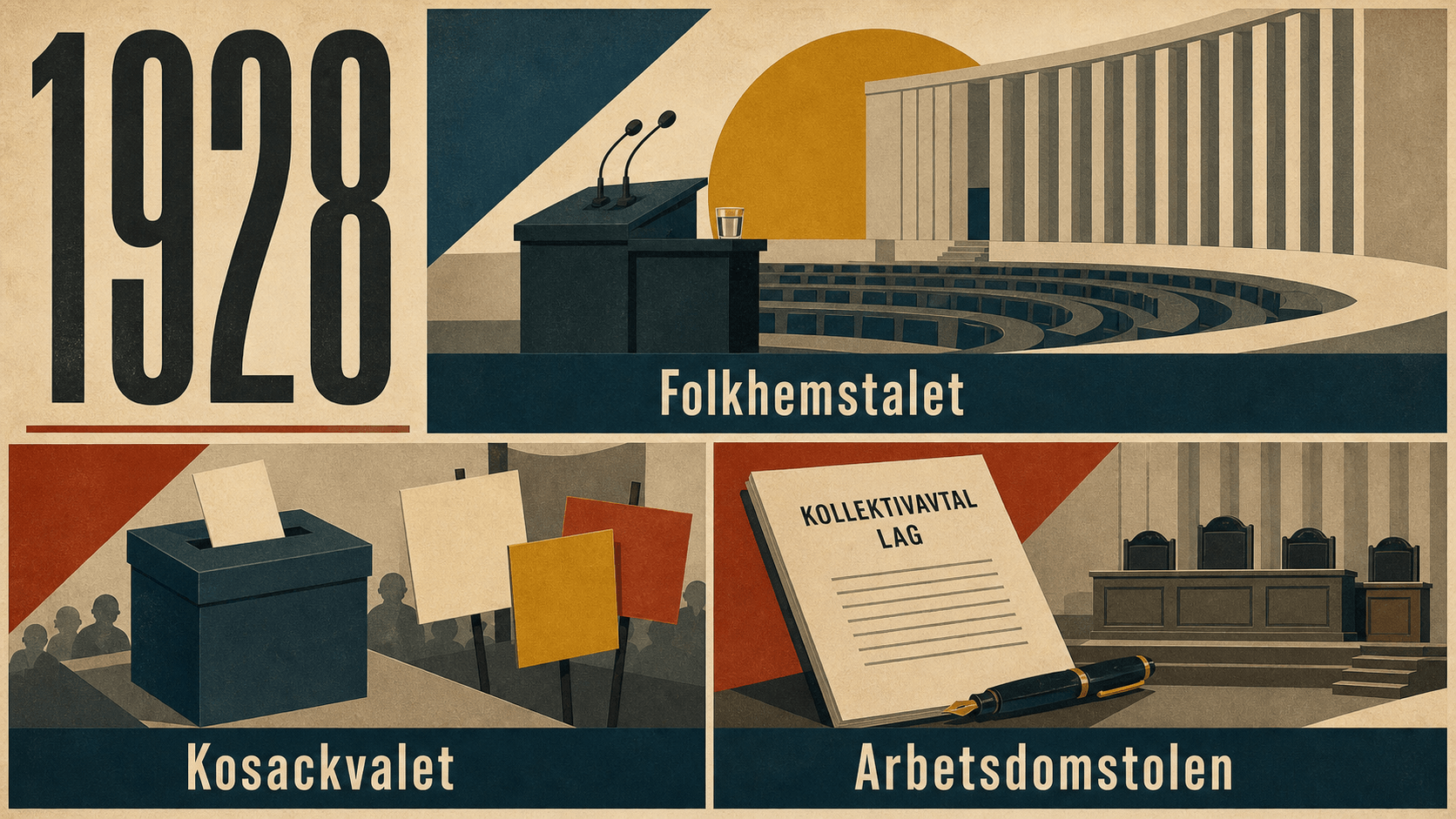 Infografik för Sverige 1928 som sammanfattar Kosackvalet, Folkhemstalet, Arbetsdomstolen.