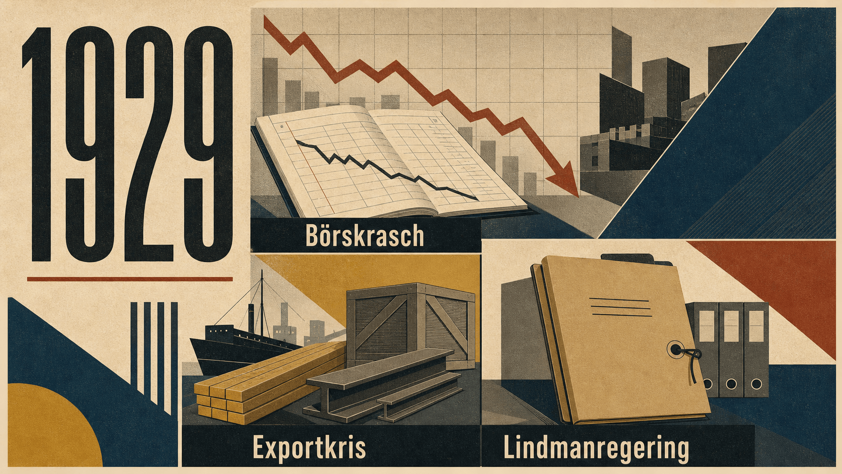 Infografik för Sverige 1929 som sammanfattar Börskrasch, Exportkris, Lindmanregering.
