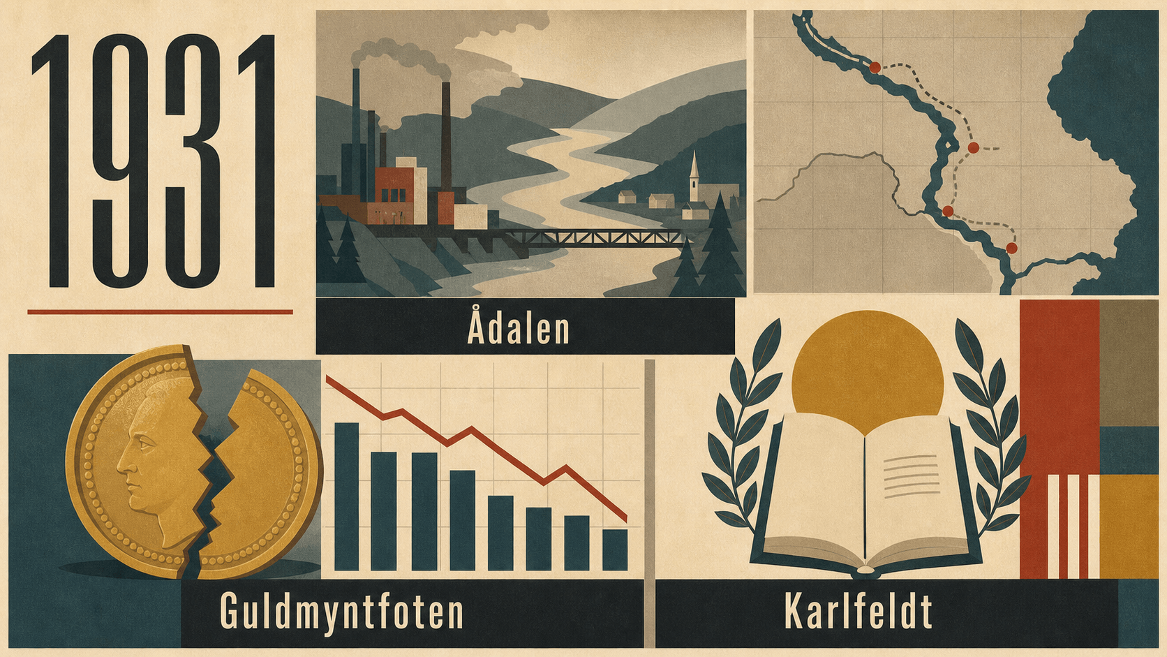 Infografik för Sverige 1931 som sammanfattar Ådalen, Guldmyntfoten, Karlfeldt.