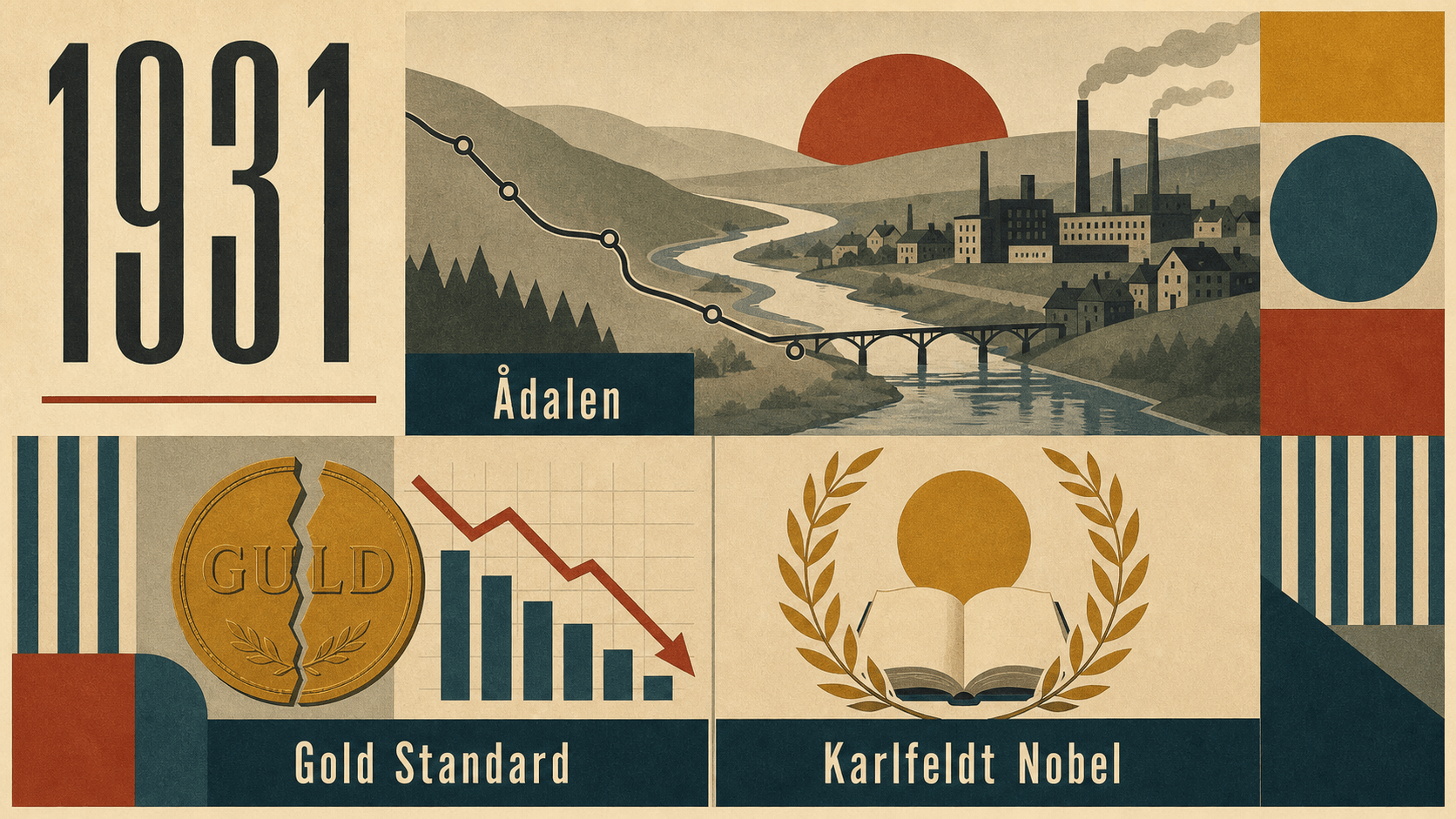Infographic for Sweden in 1931 summarizing Ådalen, Gold Standard, Karlfeldt Nobel.