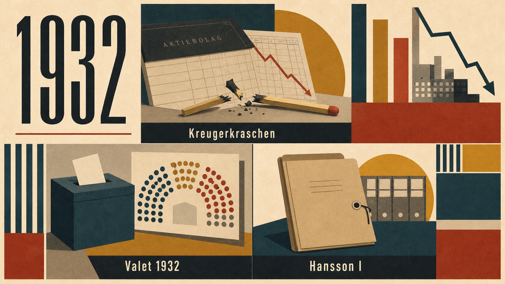 Infografik för Sverige 1932 som sammanfattar Kreugerkraschen, Valet 1932, Hansson I.