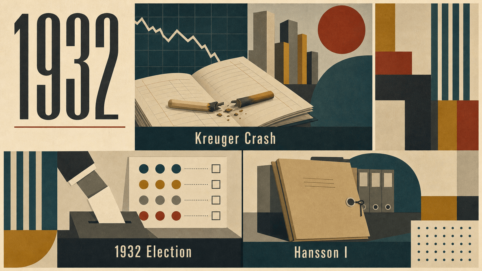 Infographic for Sweden in 1932 summarizing Kreuger Crash, 1932 Election, Hansson I.