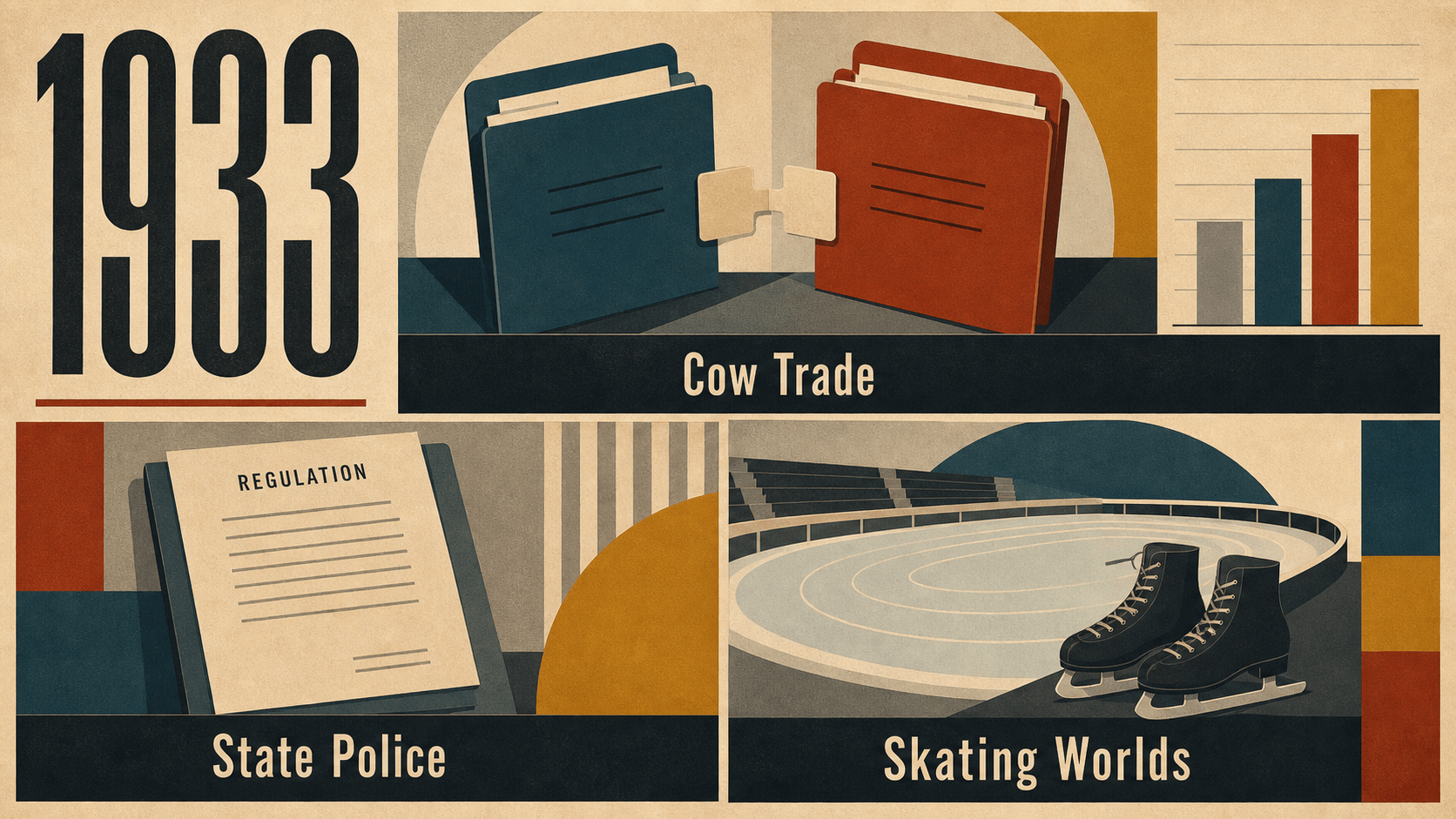 Infographic for Sweden in 1933 summarizing Cow Trade, State Police, Skating Worlds.