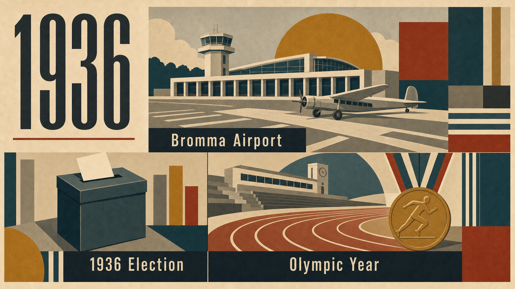 Infographic for Sweden in 1936 summarizing 1936 Election, Bromma Airport, Olympic Year.