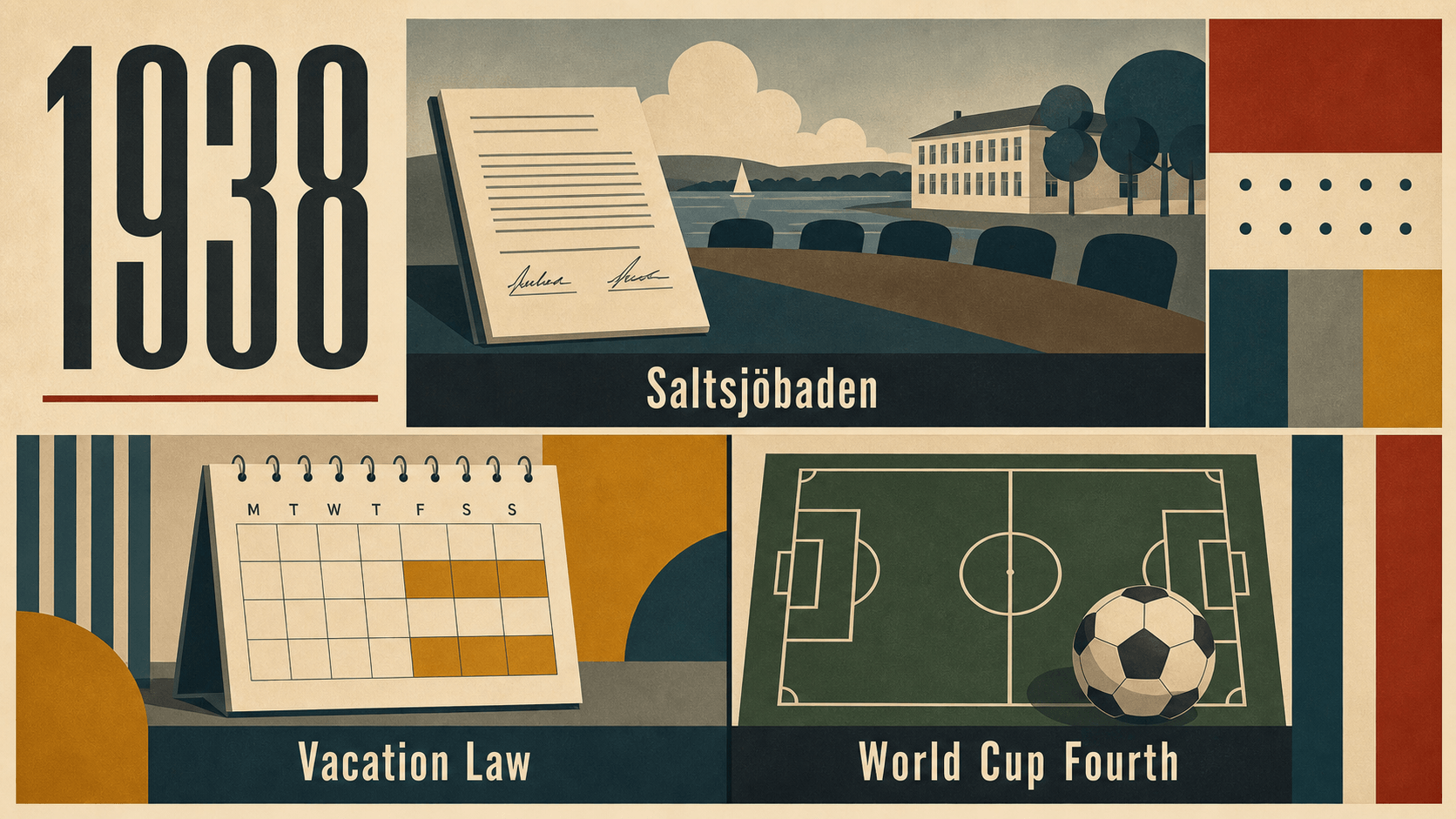 Infographic for Sweden in 1938 summarizing Saltsjöbaden, Vacation Law, World Cup Fourth.