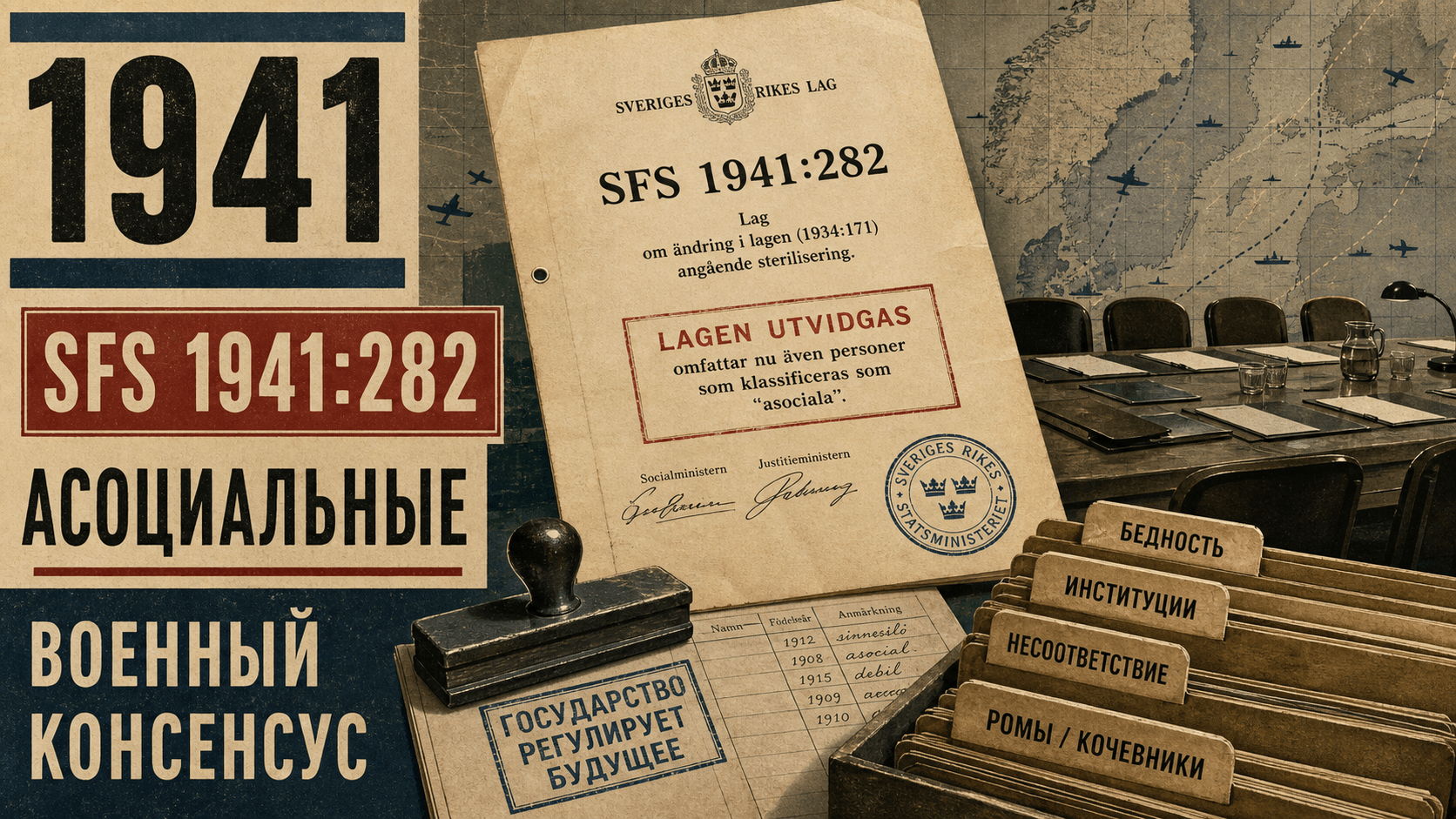 Инфографика о Швеции 1941 года: Закон 1941 года, Социальные ярлыки, Военный консенсус.
