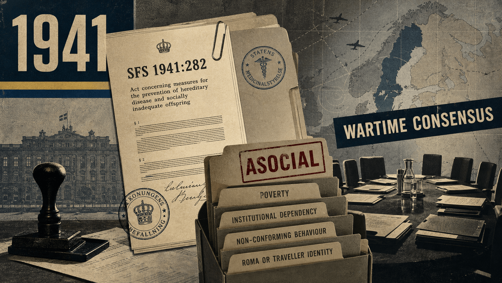 Infographic for Sweden in 1941 summarizing Law of 1941, Social labels, Wartime consensus.