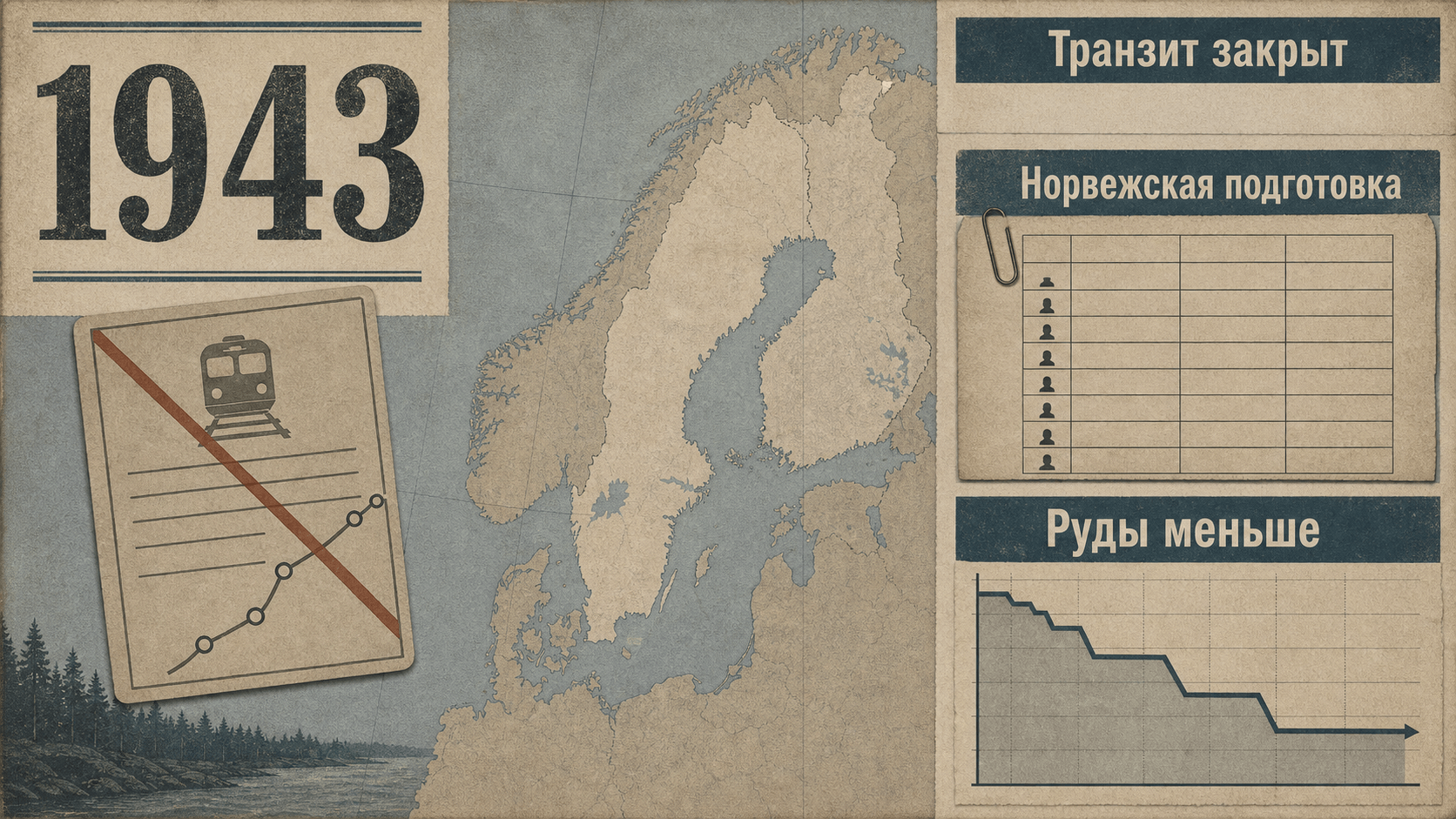 Инфографика о Швеции 1943 года с закрытым железнодорожным документом, учебным журналом, картой Севера и снижающимся графиком руды.