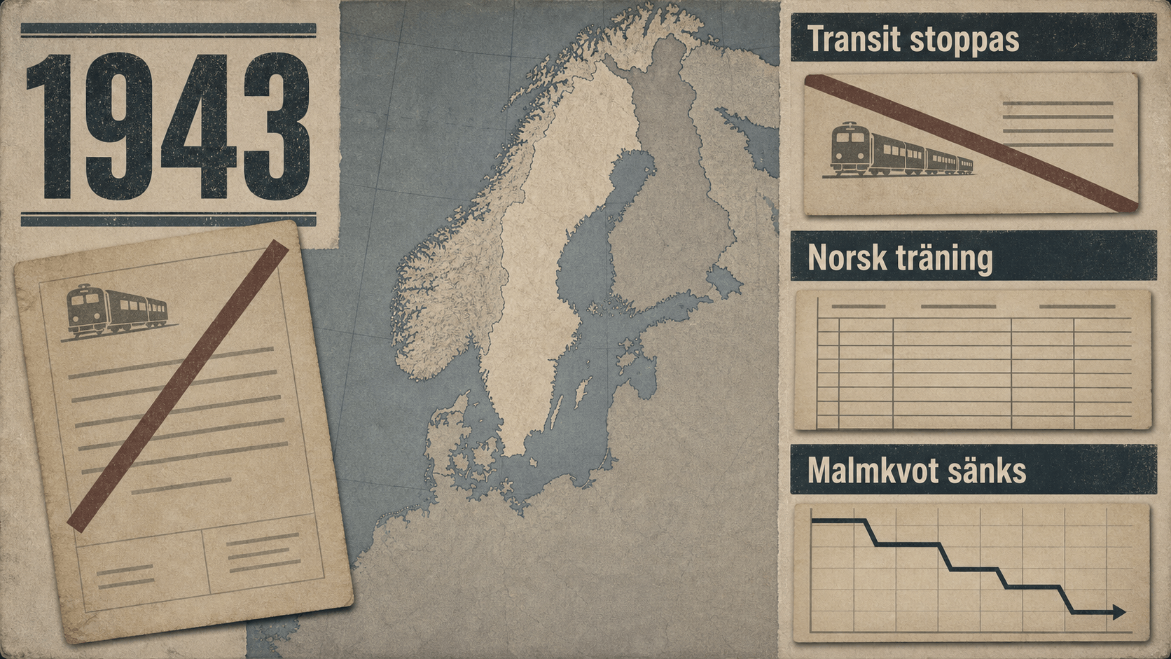 Infografik för Sverige 1943 med spärrat järnvägsdokument, utbildningsliggare, nordisk karta och fallande malmdiagram.