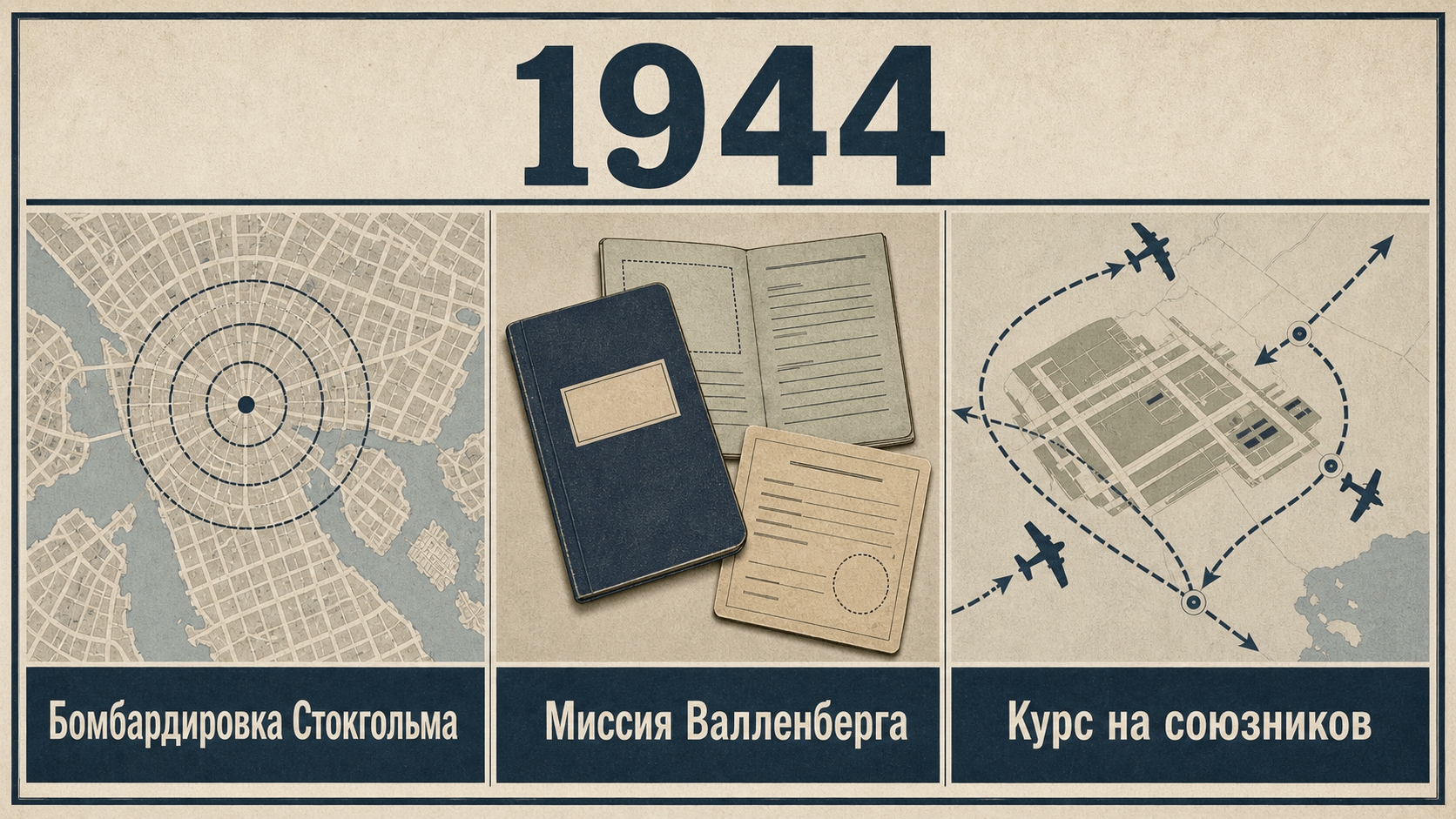 Инфографика о Швеции 1944 года с картой Стокгольма, защитными документами и символами союзных маршрутов.