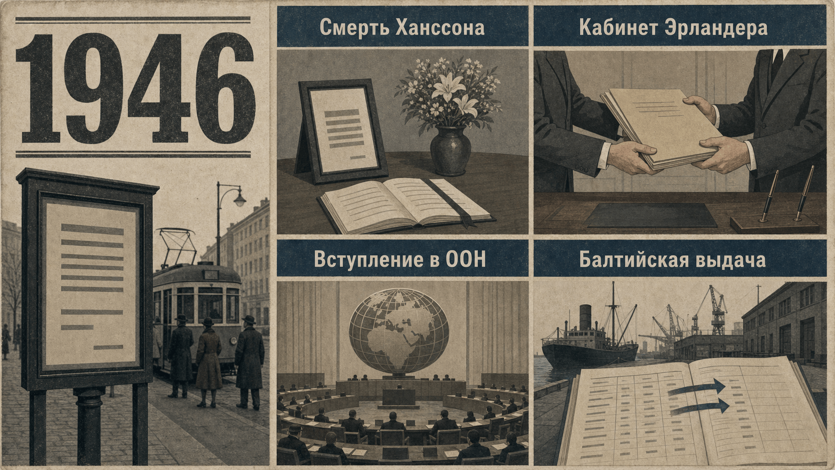 Инфографика о Швеции 1946 года с уведомлением у трамвайной остановки, передачей правительственной папки, глобусом собрания и портовым журналом.