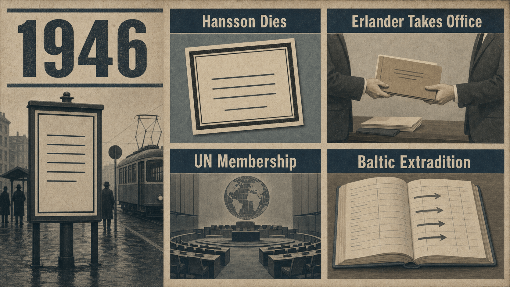 Infographic for Sweden in 1946 with a tram-stop notice, cabinet folder handover, generic assembly globe, and port ledger.