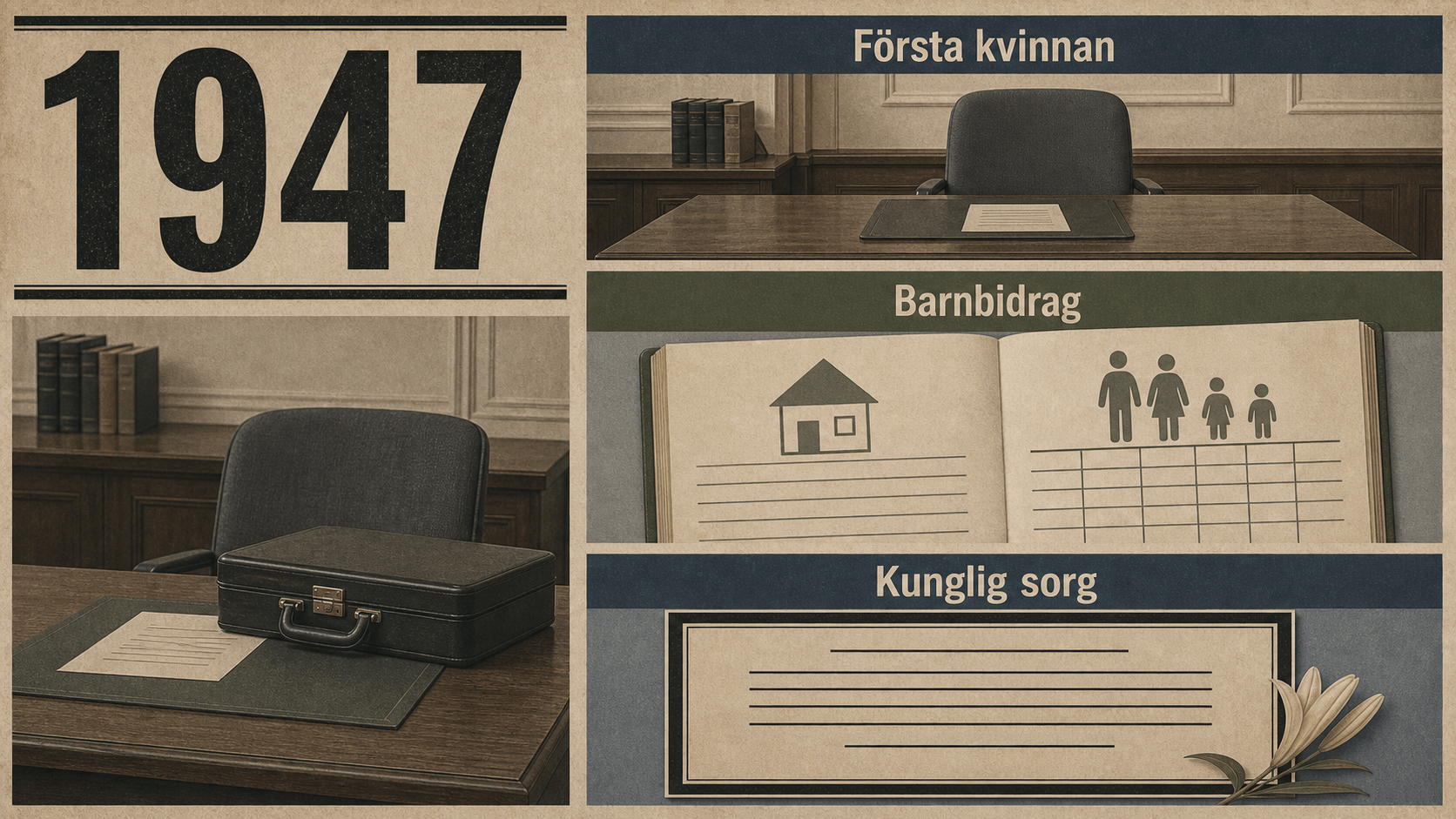 Infografik för Sverige 1947 med tomt regeringsskrivbord, bidragsliggare, hushållsikoner och minnesanslag.