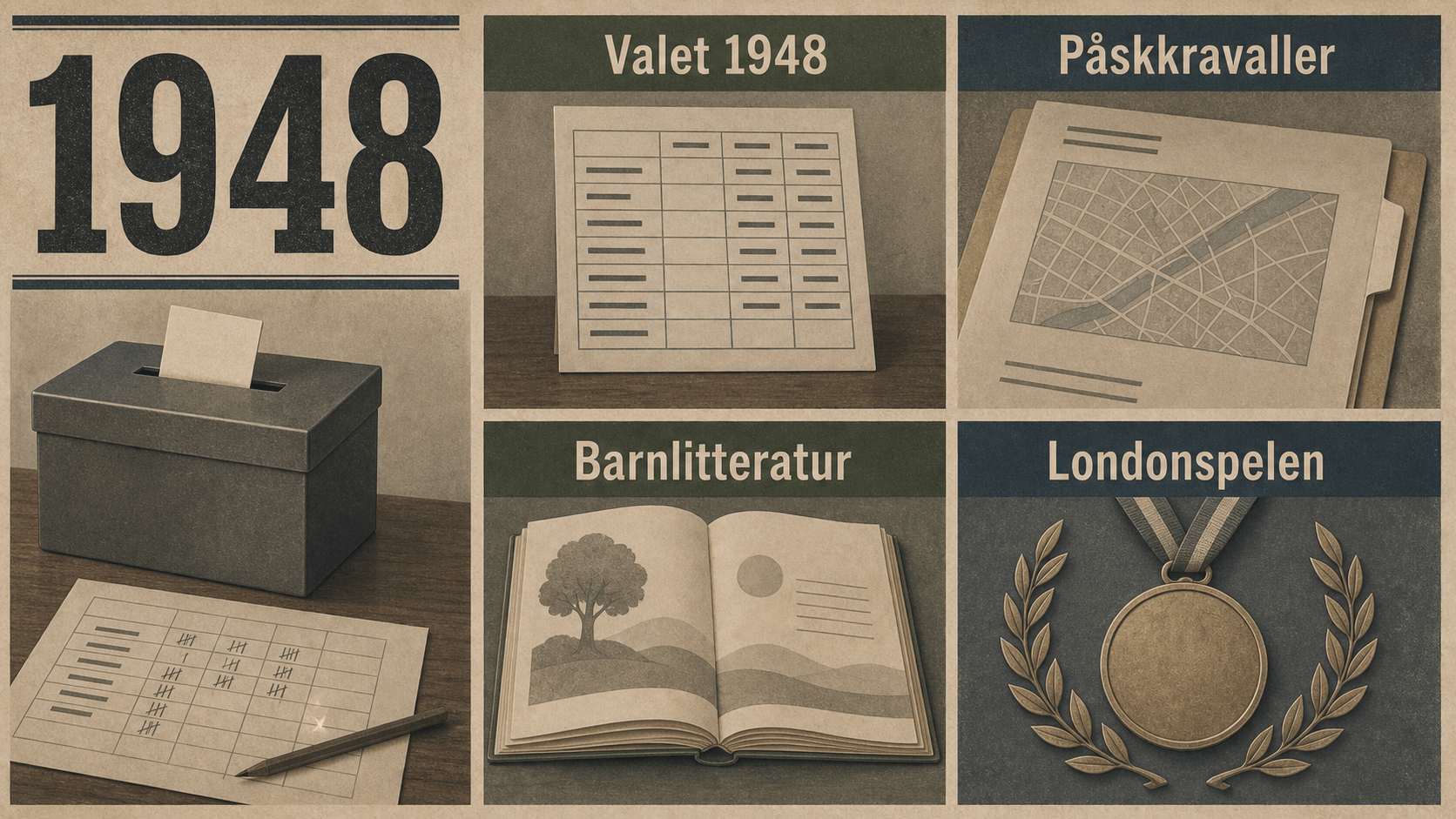 Infografik för Sverige 1948 med valmaterial, Stockholms gatukarta, barnbok och medaljsymbol.