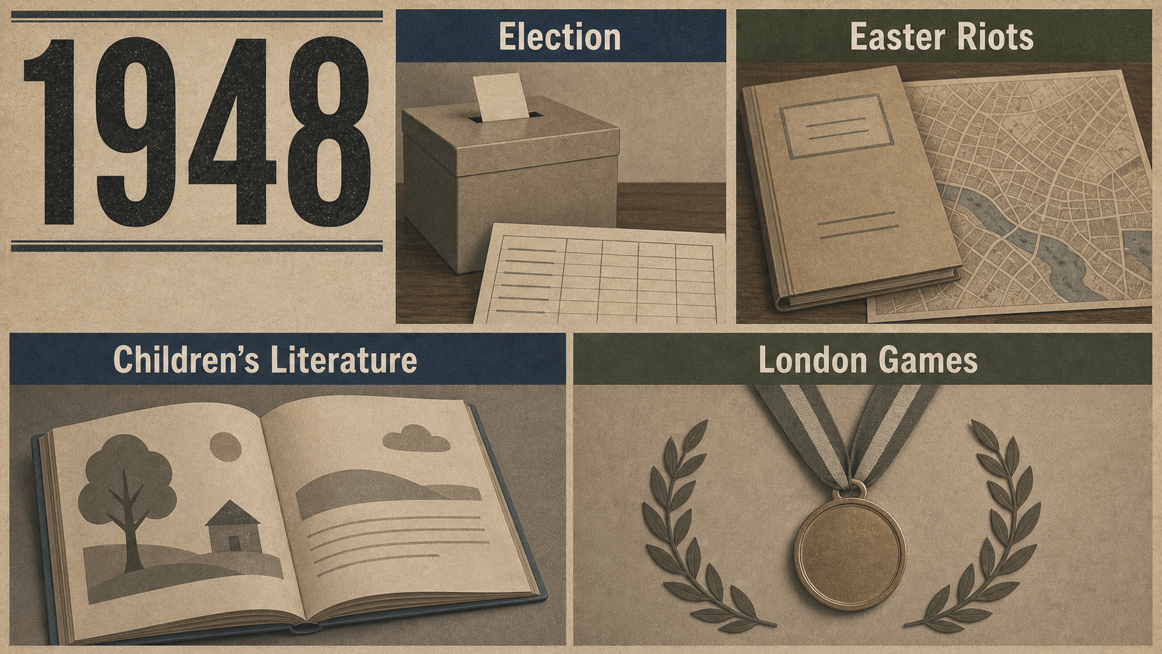 Infographic for Sweden in 1948 with ballot materials, a Stockholm street report, a children's book, and a medal symbol.