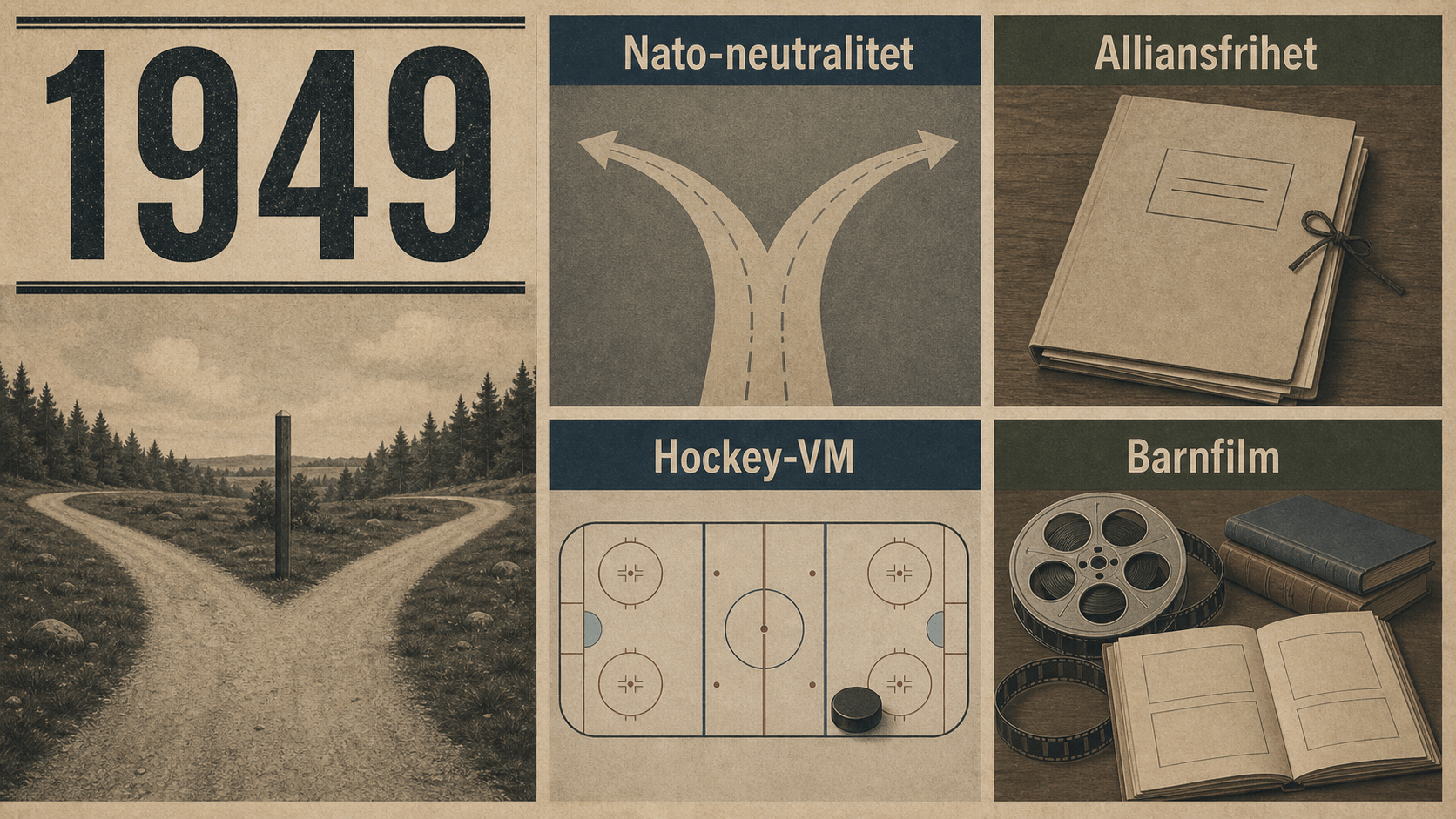 Infografik för Sverige 1949 med vägval för neutralitet, traktatmapp, hockeyrink och filmrulle.