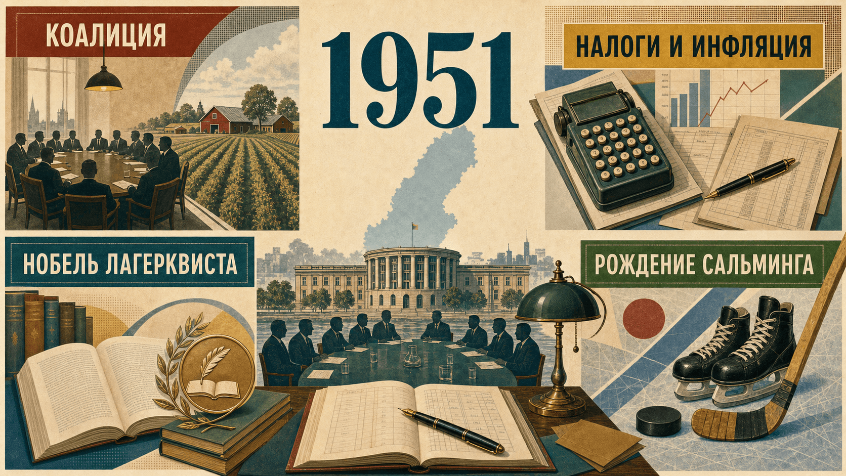 Инфографика о Швеции 1951 года с символами коалиции, налогов, литературной премии и хоккея.