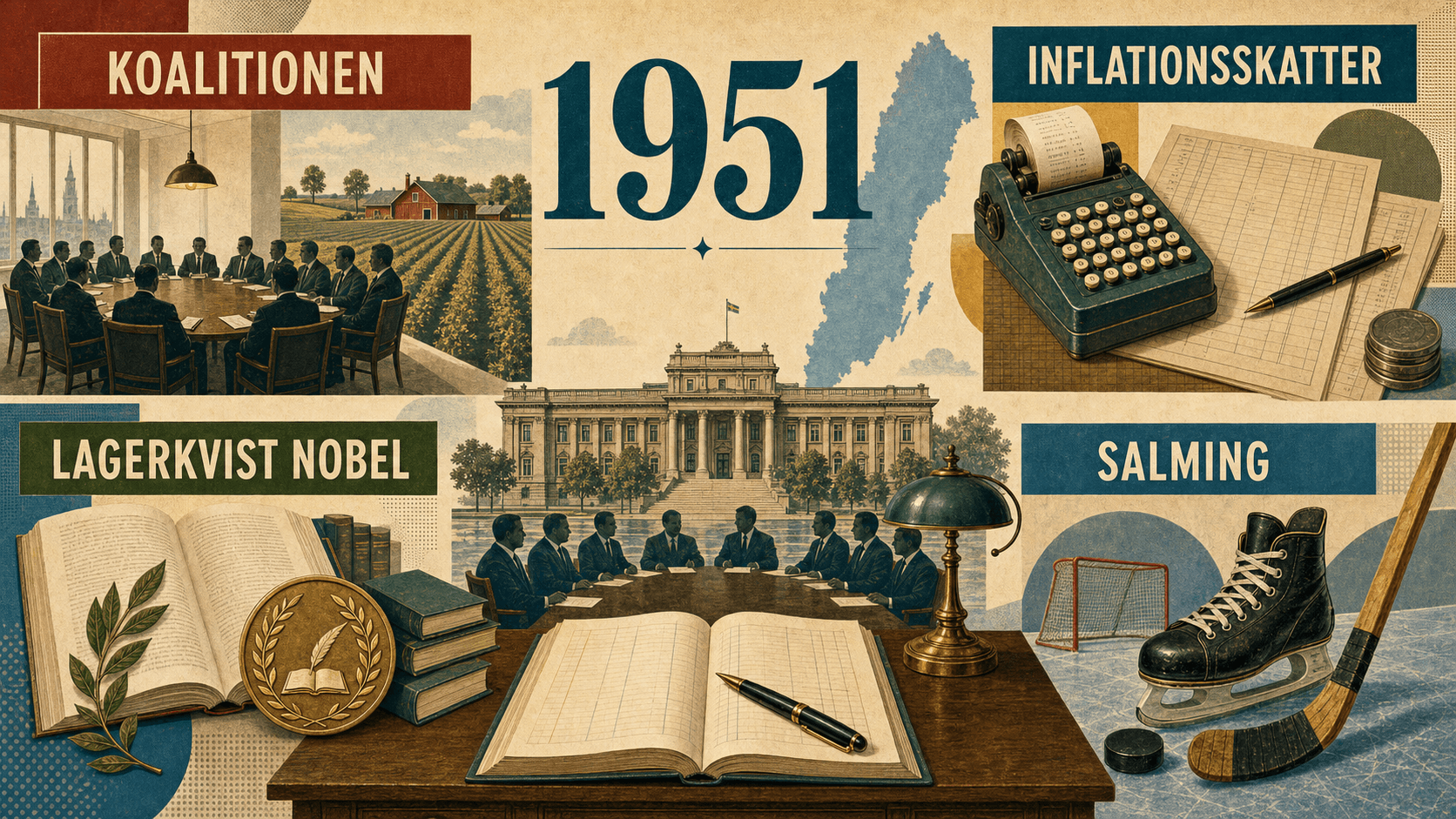 Infografik för Sverige 1951 med symboler för koalition, skatter, litteraturpris och hockey.
