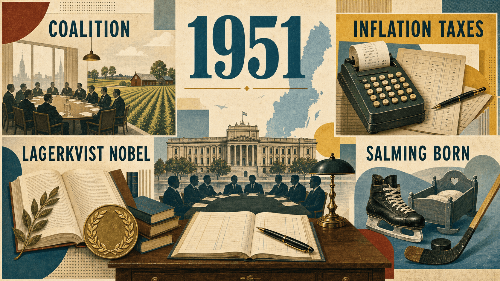 Infographic for Sweden in 1951 with coalition, tax, literature prize, and hockey symbols.