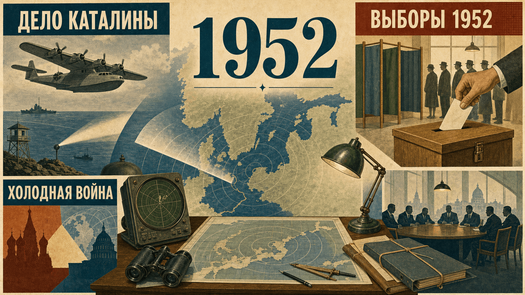 Инфографика о Швеции 1952 года с символами дела Каталины, выборов и холодной войны.