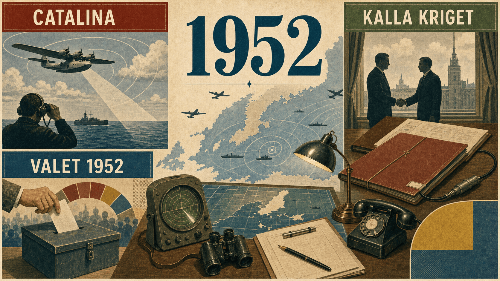 Infografik för Sverige 1952 med symboler för Catalinaaffären, valet och kalla kriget.