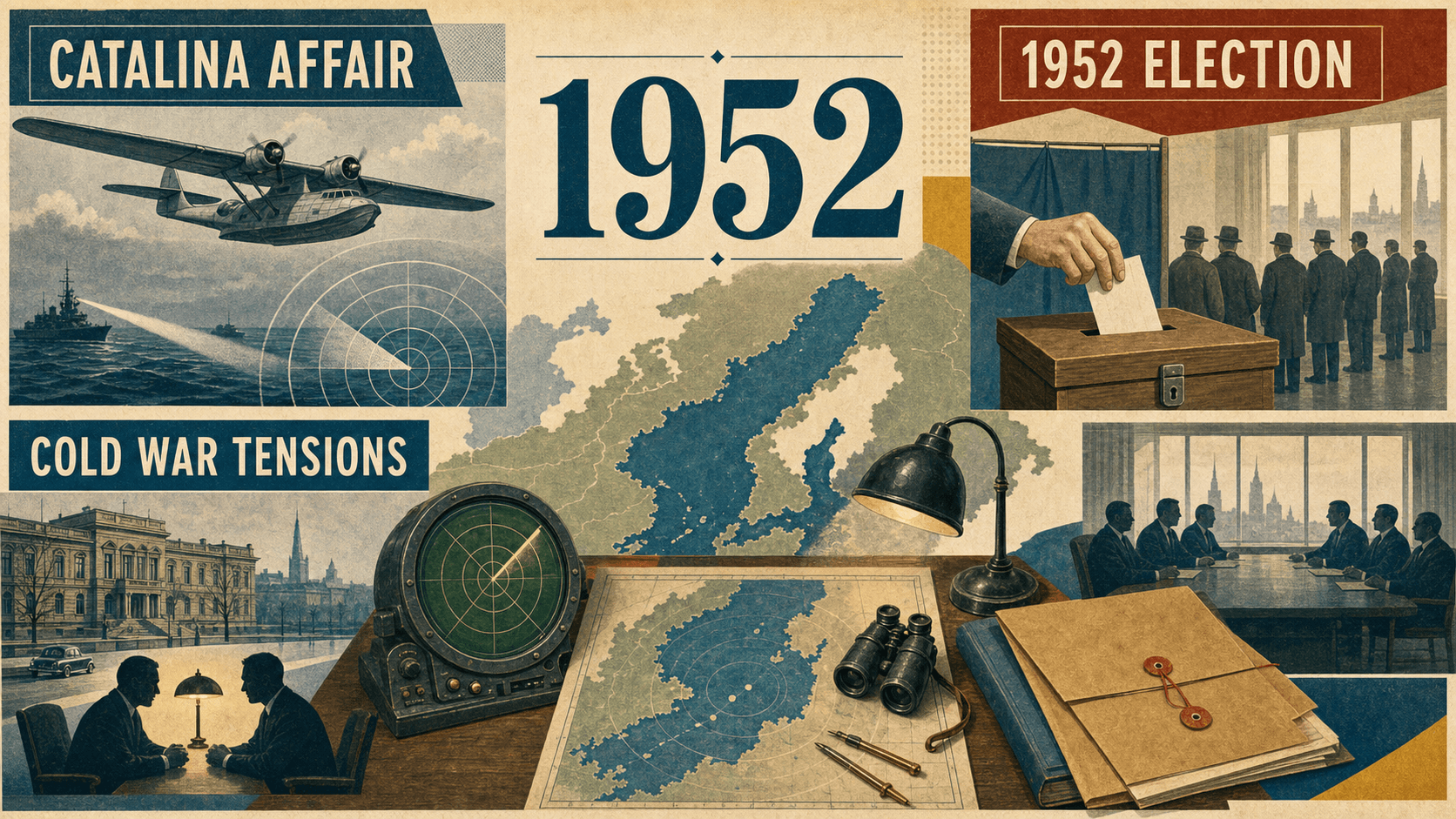 Infographic for Sweden in 1952 with Catalina, election, and Cold War symbols.
