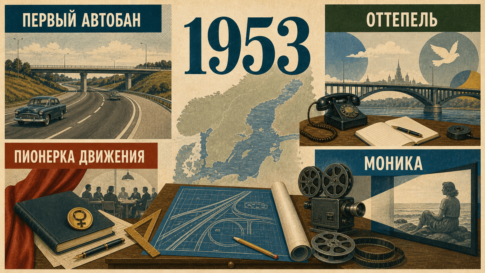 Инфографика о Швеции 1953 года с символами автобана, дипломатической оттепели, рабочего движения и кино.