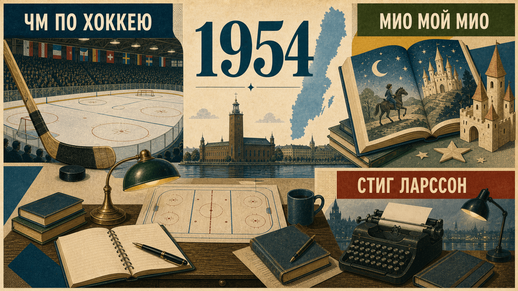 Инфографика о Швеции 1954 года с символами хоккея, детской литературы и пишущей машинки.