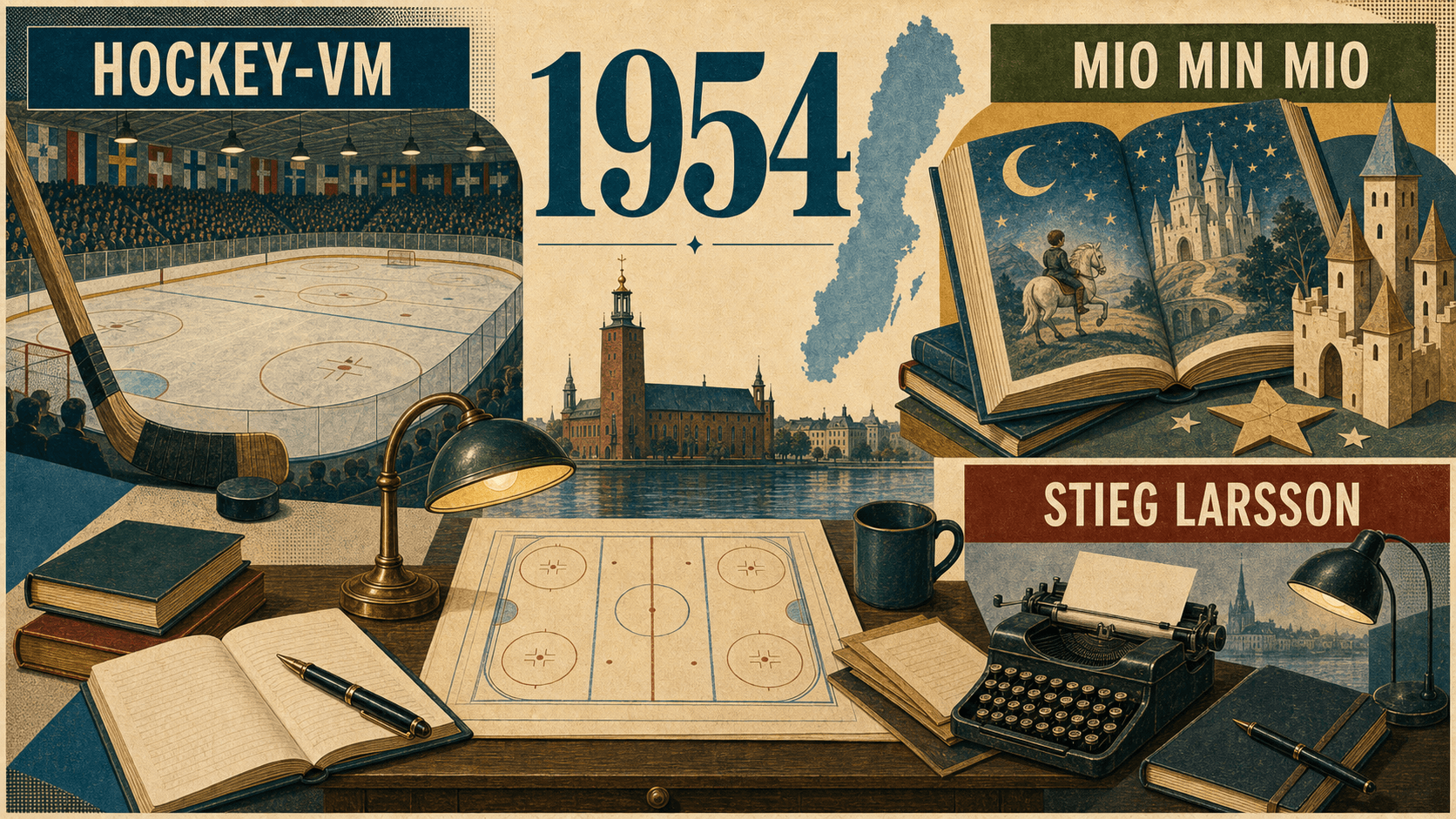 Infografik för Sverige 1954 med symboler för hockey, barnlitteratur och skrivmaskin.