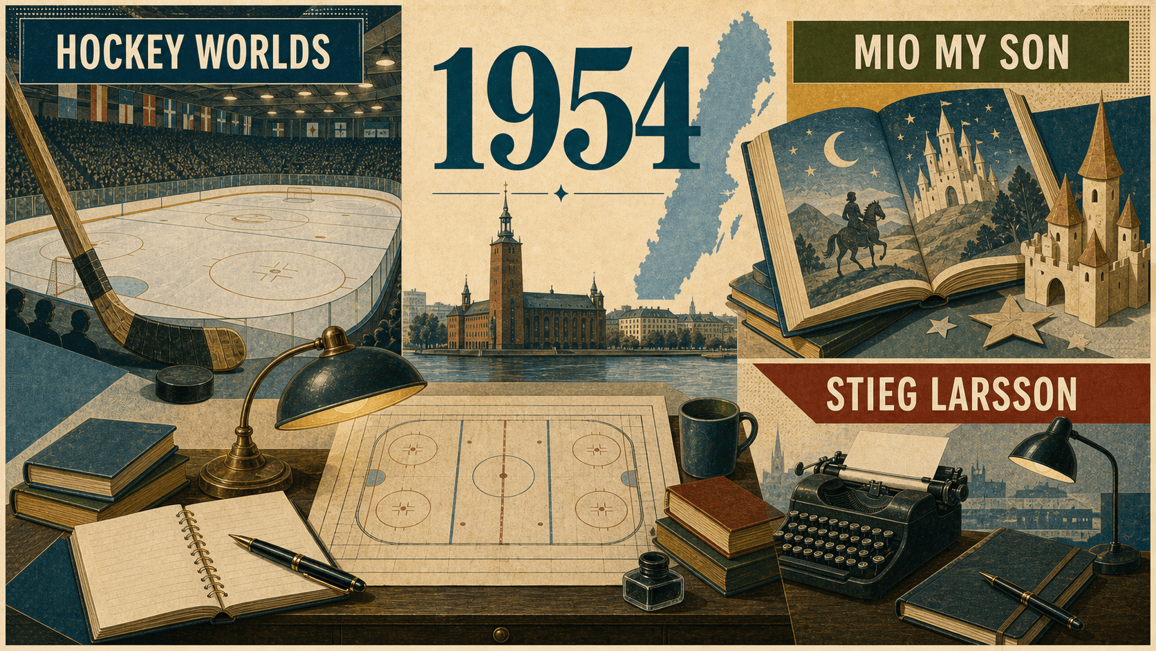 Infographic for Sweden in 1954 with hockey, children’s literature, and typewriter symbols.