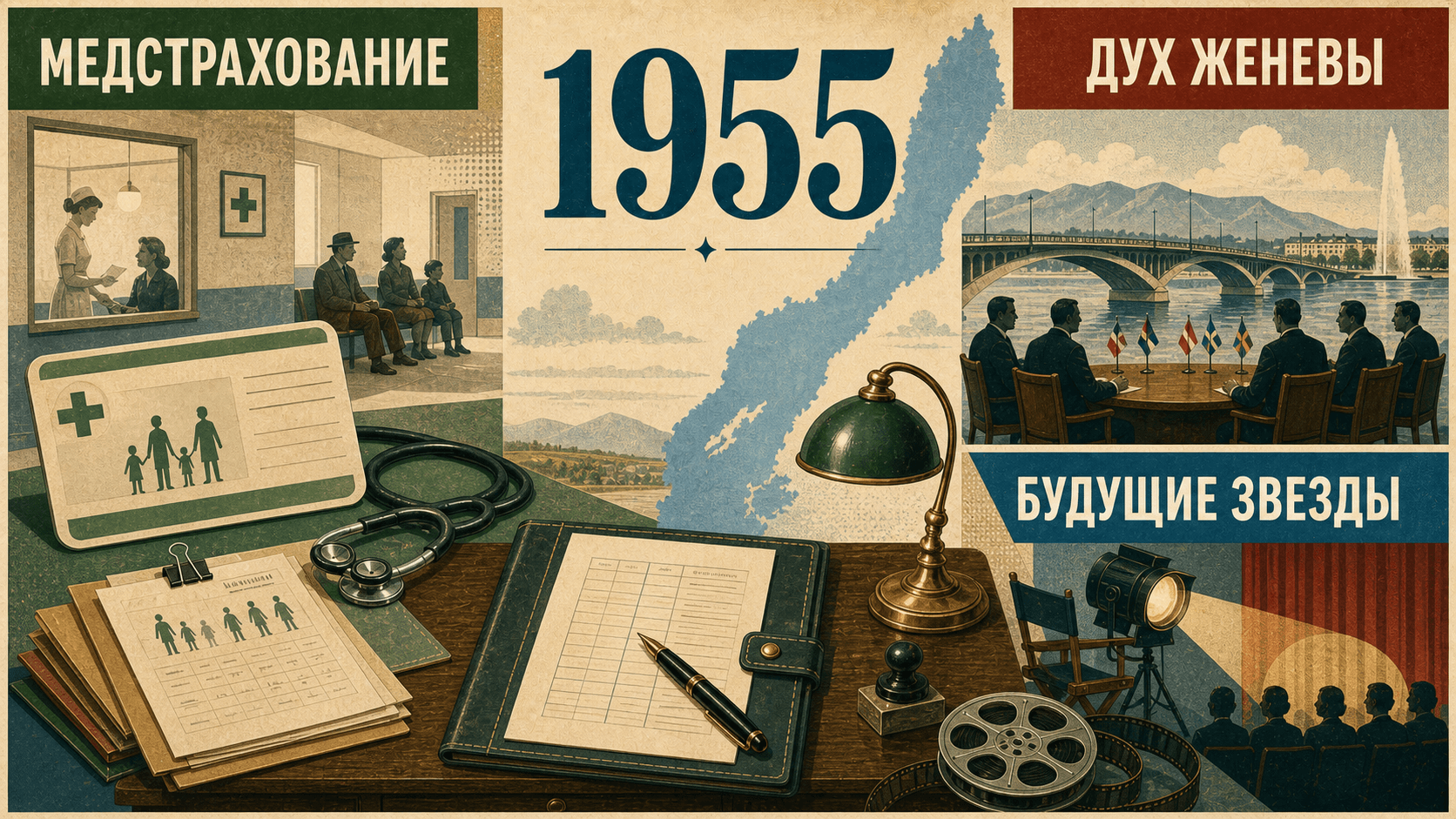 Инфографика о Швеции 1955 года с символами медстрахования, дипломатии и кино.