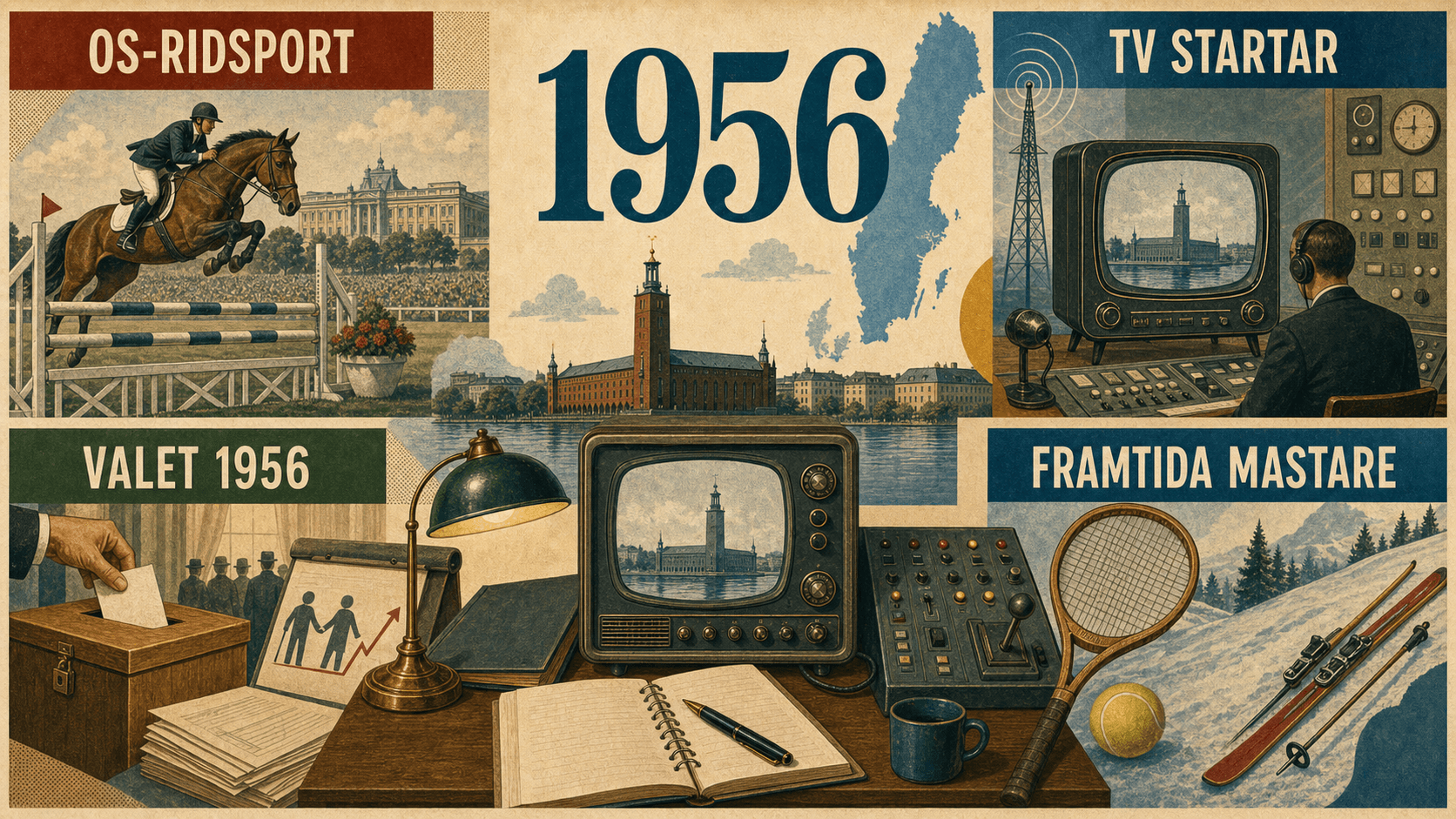 Infografik för Sverige 1956 med symboler för ridsport, tv, val, tennis och skidor.