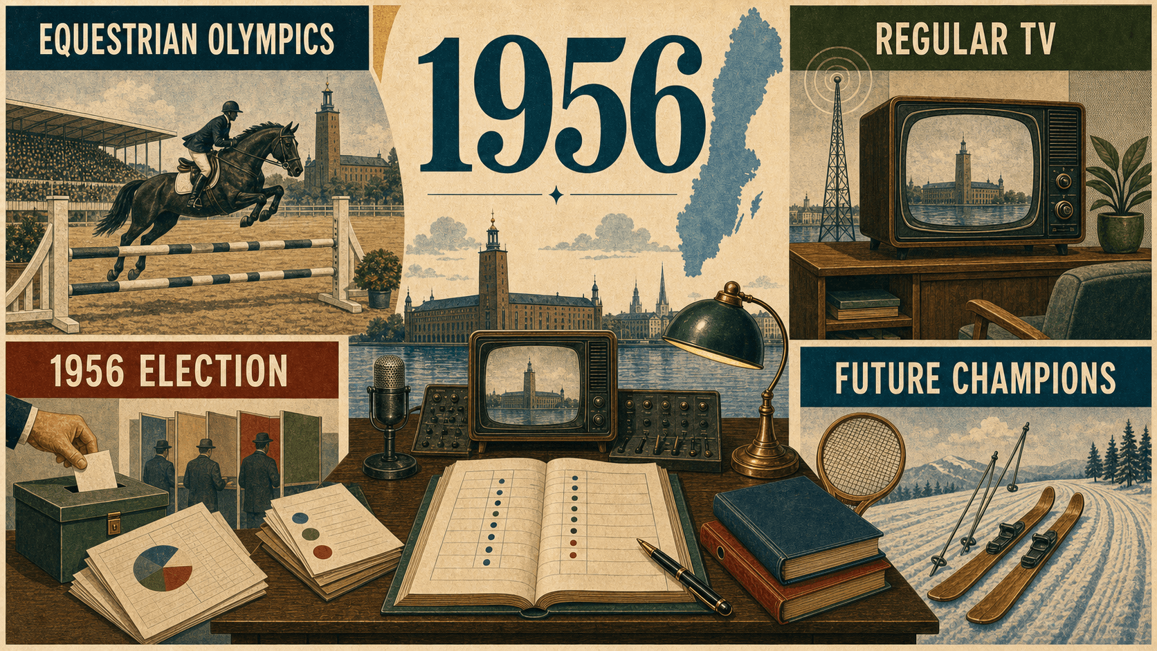 Infographic for Sweden in 1956 with equestrian, television, election, tennis, and skiing symbols.
