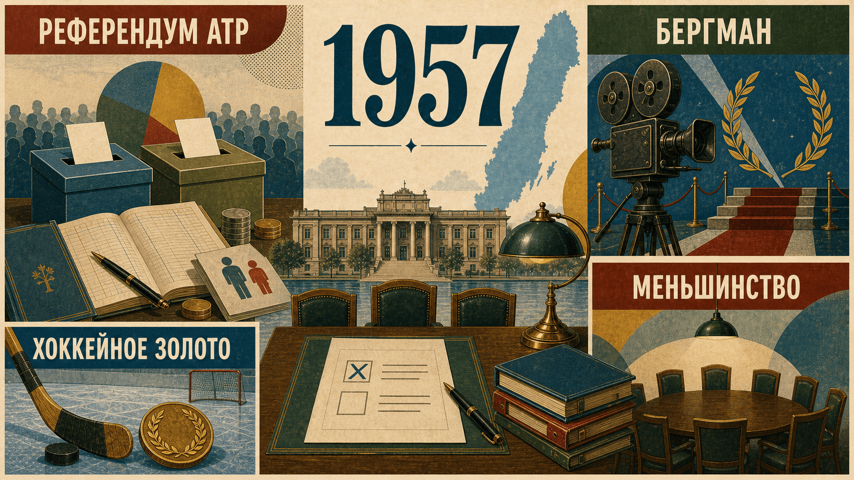 Инфографика о Швеции 1957 года с символами референдума, кино, хоккея и правительства меньшинства.