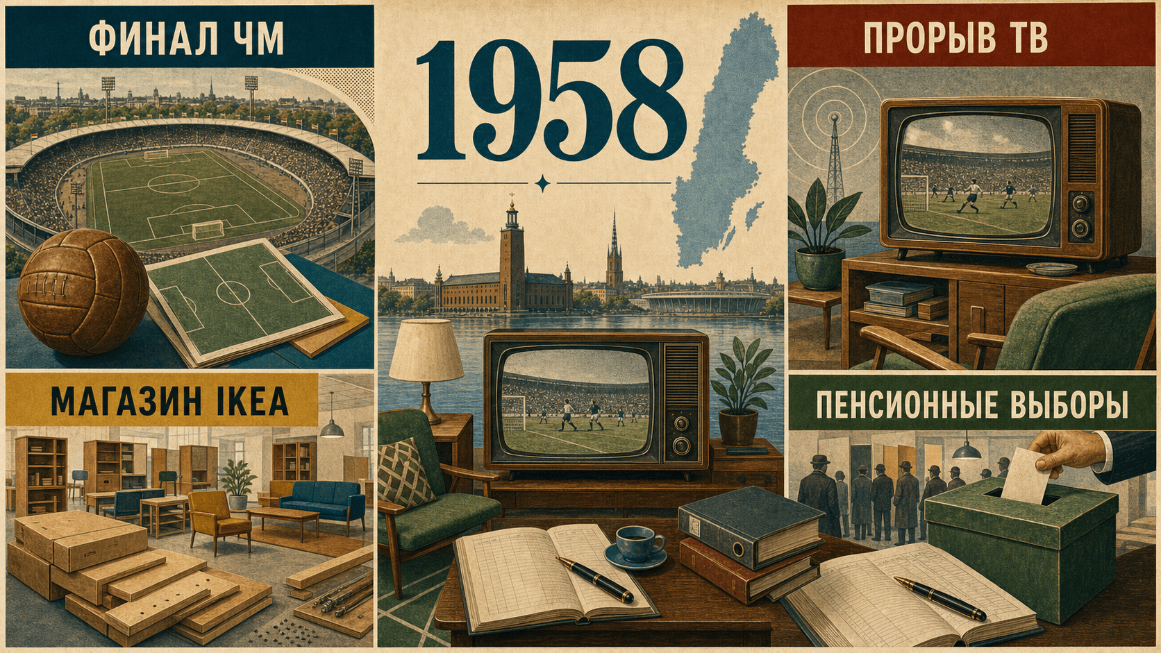 Инфографика о Швеции 1958 года с символами футбола, телевидения, мебельного магазина и пенсионных выборов.