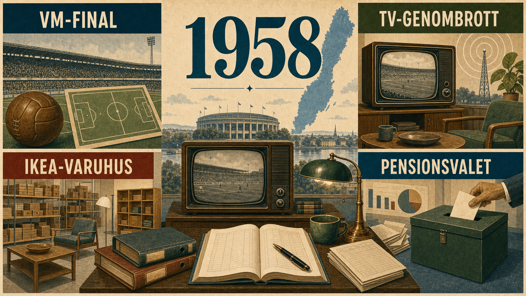 Infografik för Sverige 1958 med symboler för fotboll, tv, möbelvaruhus och pensionsval.