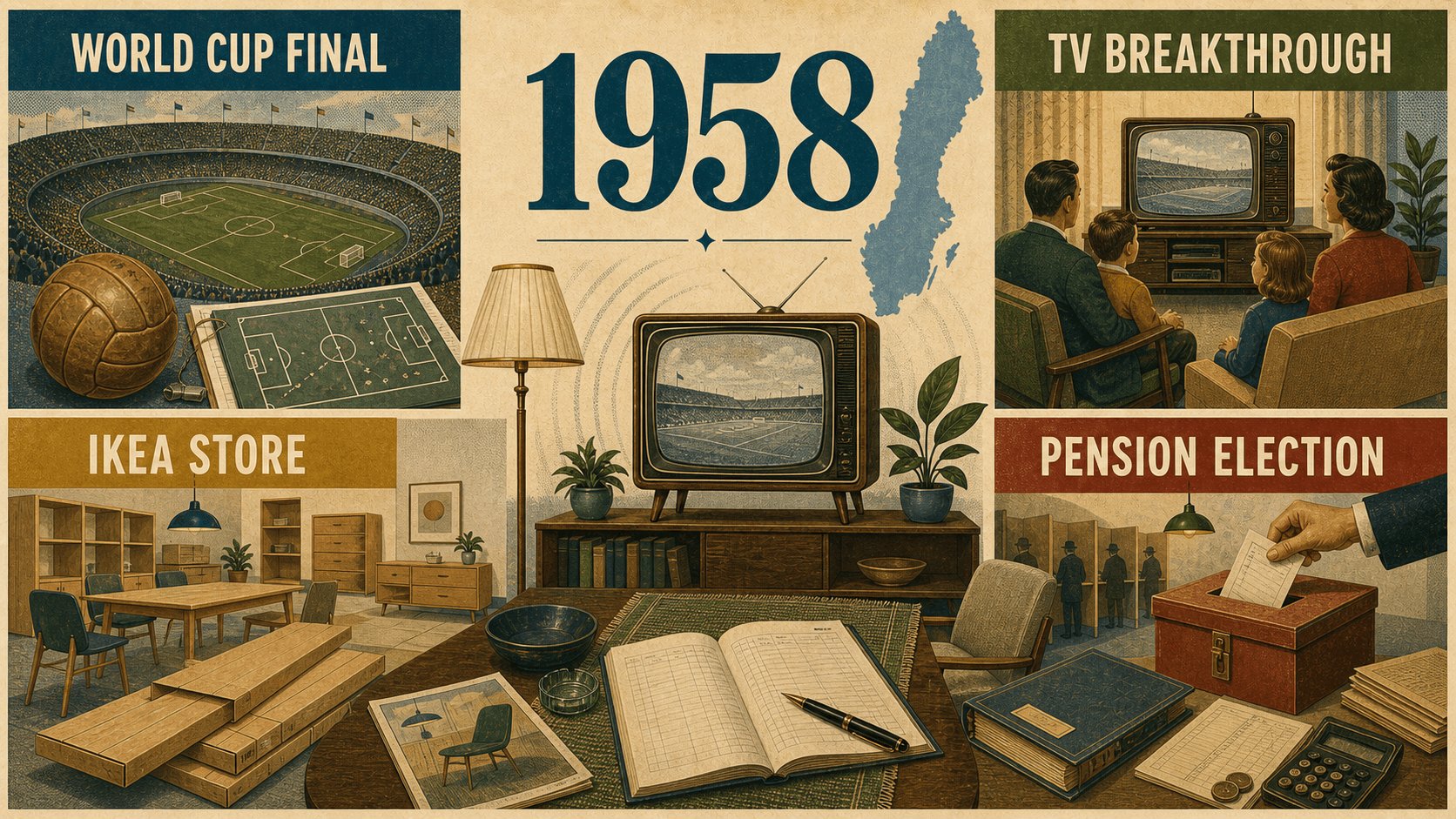 Infographic for Sweden in 1958 with football, television, furniture store, and pension election symbols.