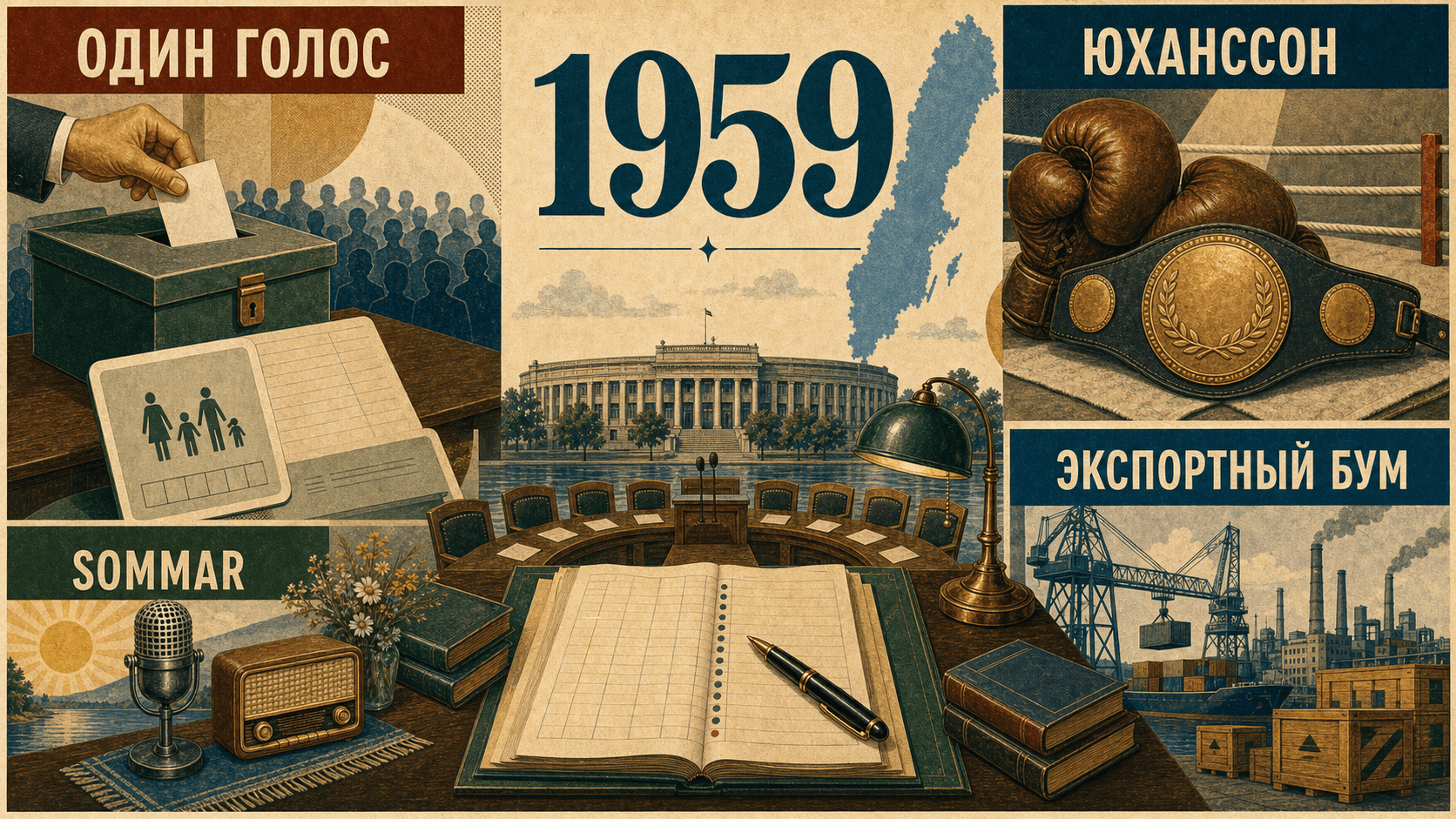 Инфографика о Швеции 1959 года с символами пенсионного голосования, бокса, радио и экспортной экономики.