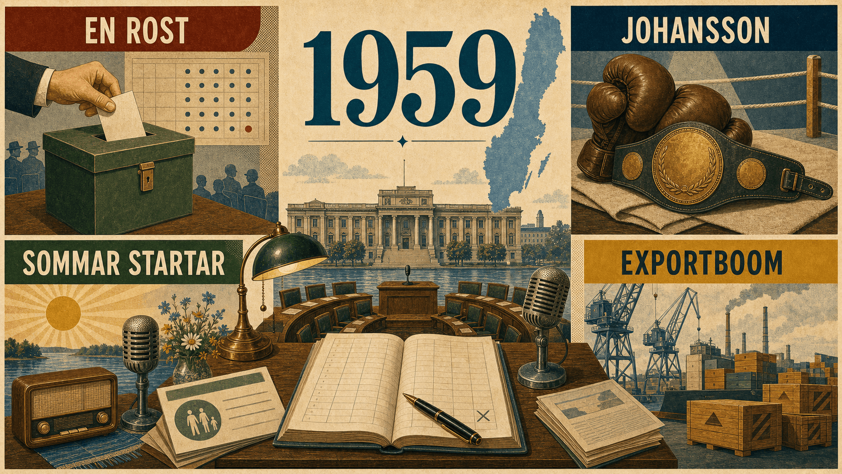 Infografik för Sverige 1959 med symboler för pensionsomröstning, boxning, radio och exportekonomi.