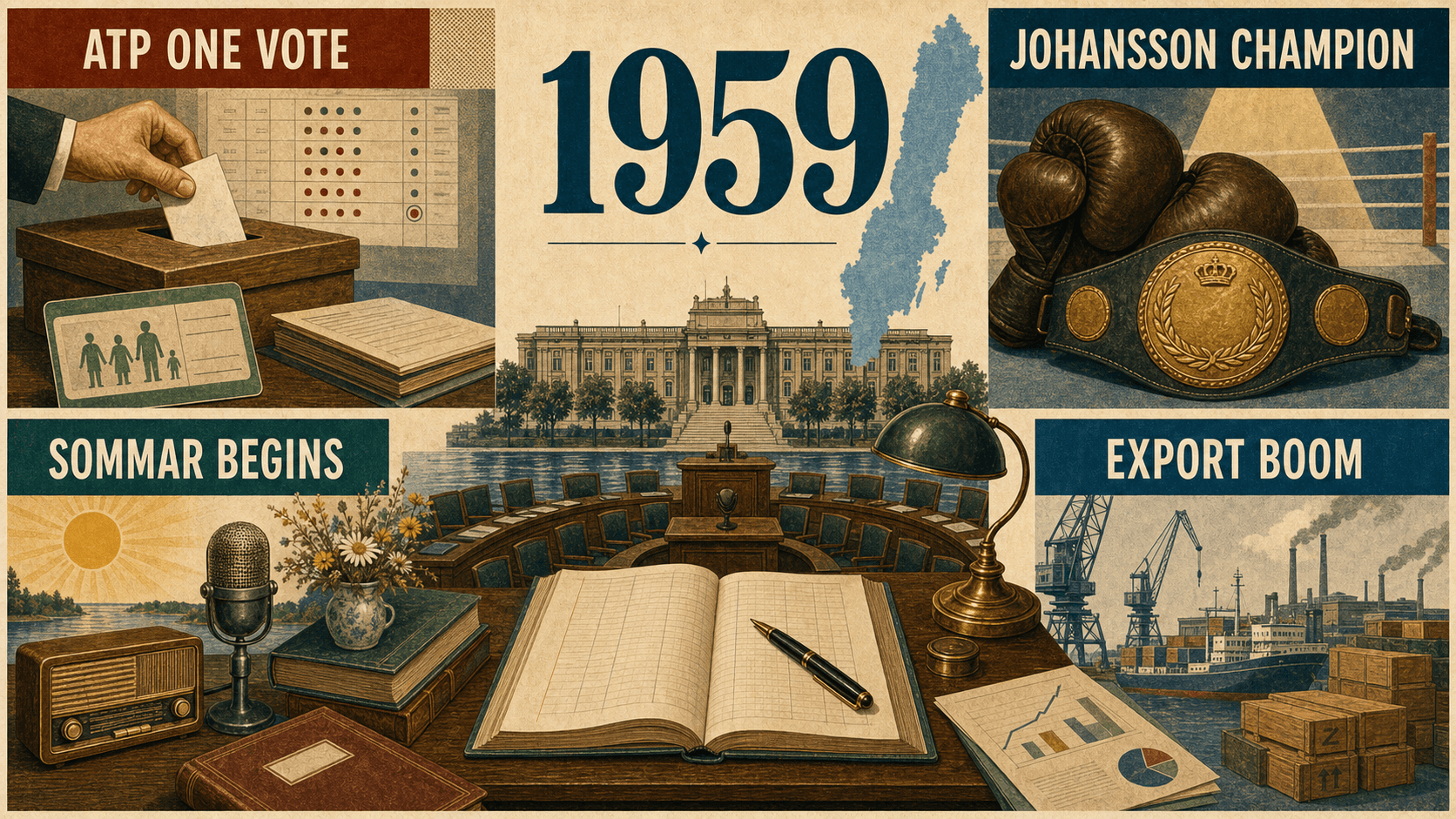 Infographic for Sweden in 1959 with pension vote, boxing, radio, and export economy symbols.