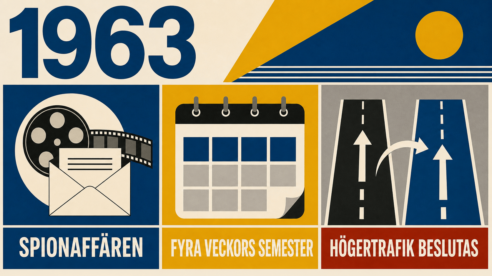 Infografik för Sverige 1963 med symboler för spionaffären, semesterlagen och högertrafikbeslutet.
