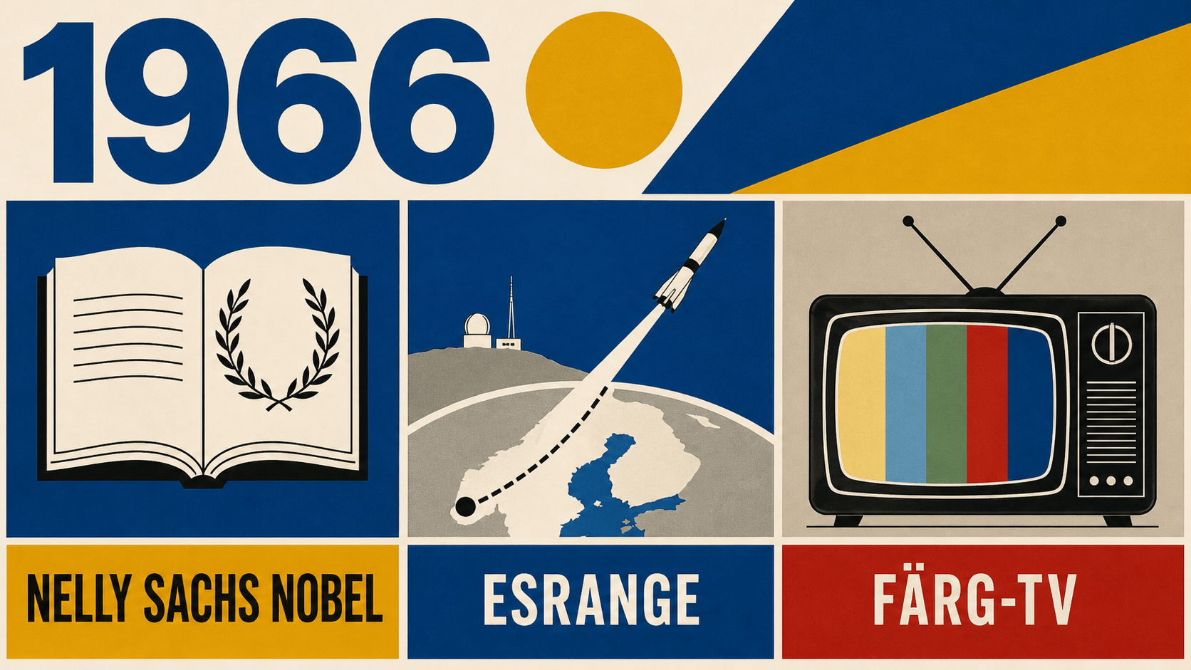 Infografik för Sverige 1966 med symboler för Nobelpriset, Esrange och färg-tv.