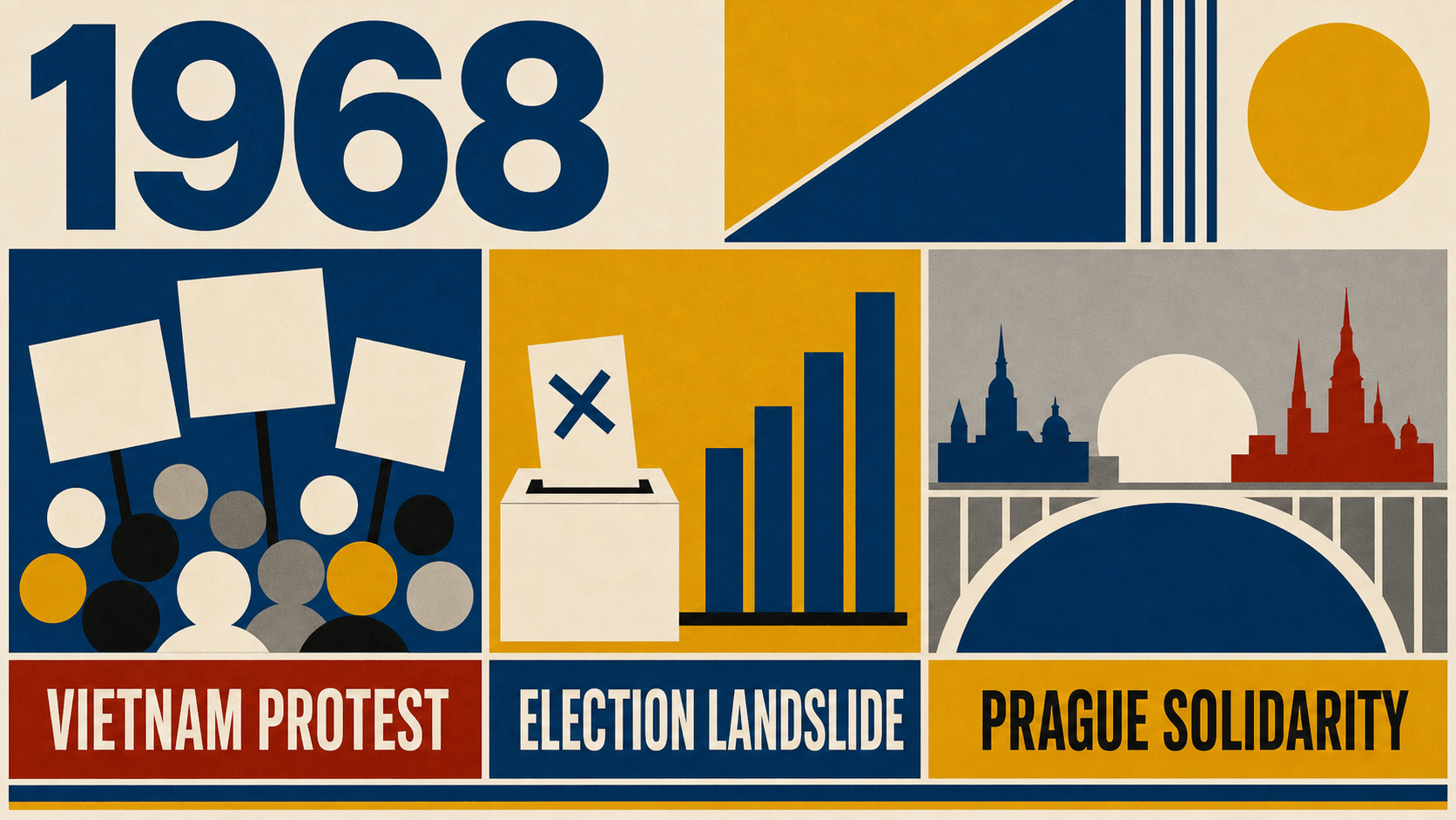 Infographic for Sweden in 1968 with Vietnam protest, election landslide, and Prague solidarity symbols.