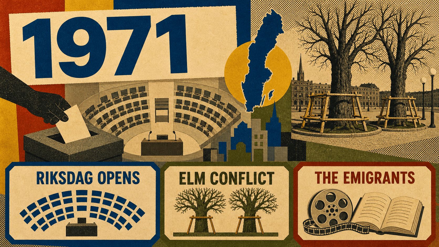 Infographic for Sweden in 1971 with Riksdag, elm-tree protest, and The Emigrants symbols.