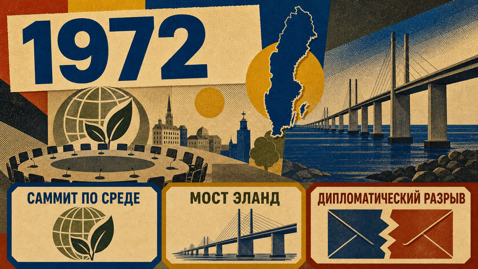 Инфографика о Швеции 1972 года с символами экологического саммита, Эландского моста и дипломатического разрыва.