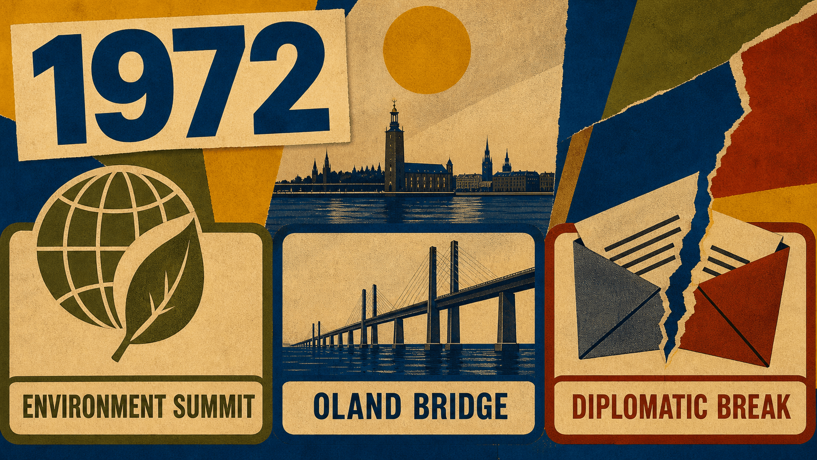 Infographic for Sweden in 1972 with environment summit, Öland Bridge, and diplomatic-break symbols.