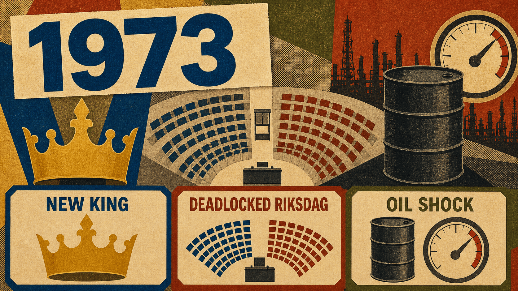 Infographic for Sweden in 1973 with new-king, Riksdag deadlock, and oil-shock symbols.