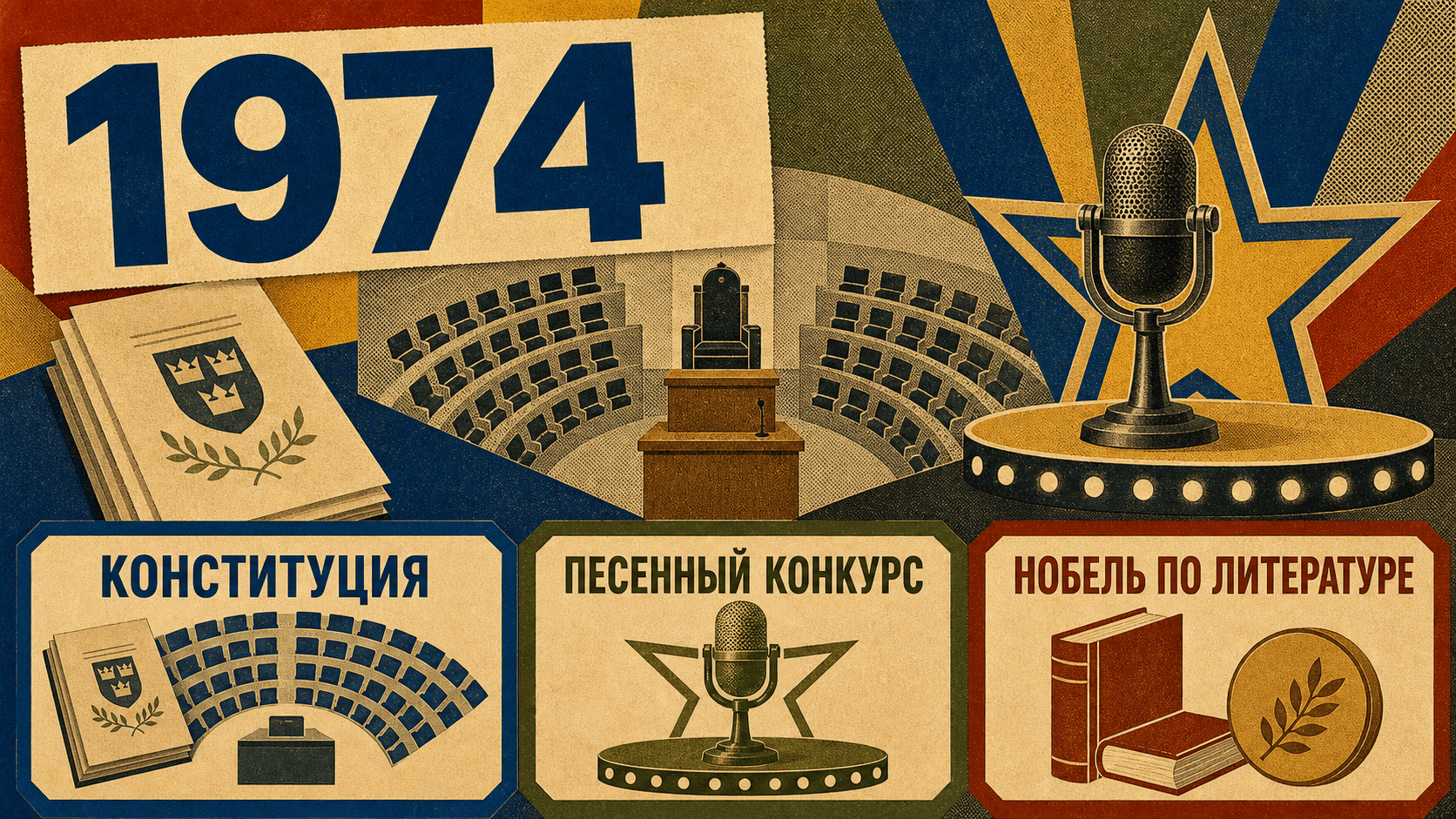 Инфографика о Швеции 1974 года с символами конституции, песенного конкурса и Нобелевской премии по литературе.